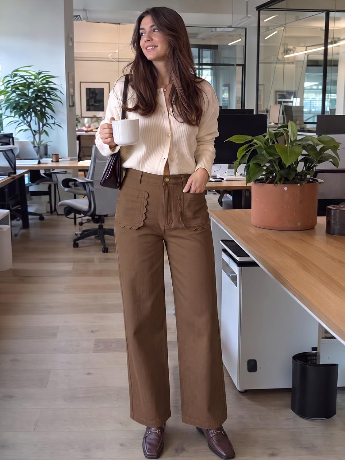 Tankaneo Womens Wide Leg Cotton Pants High Waisted Dressy Casual Trousers