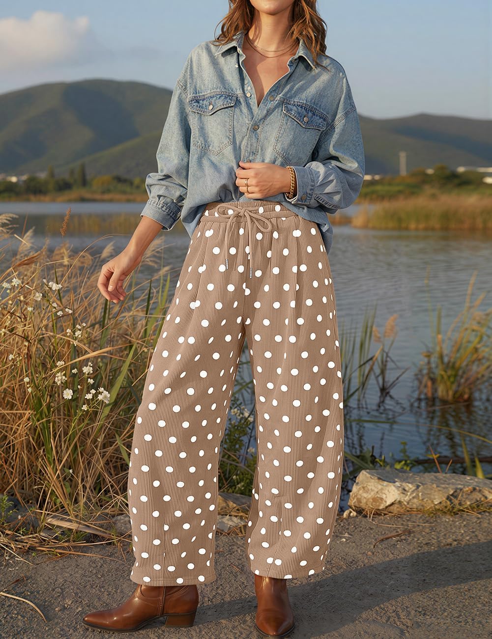 TARSE Women's Corduroy Barrel Pants Polka Dot Wide Leg Pants with Pockets