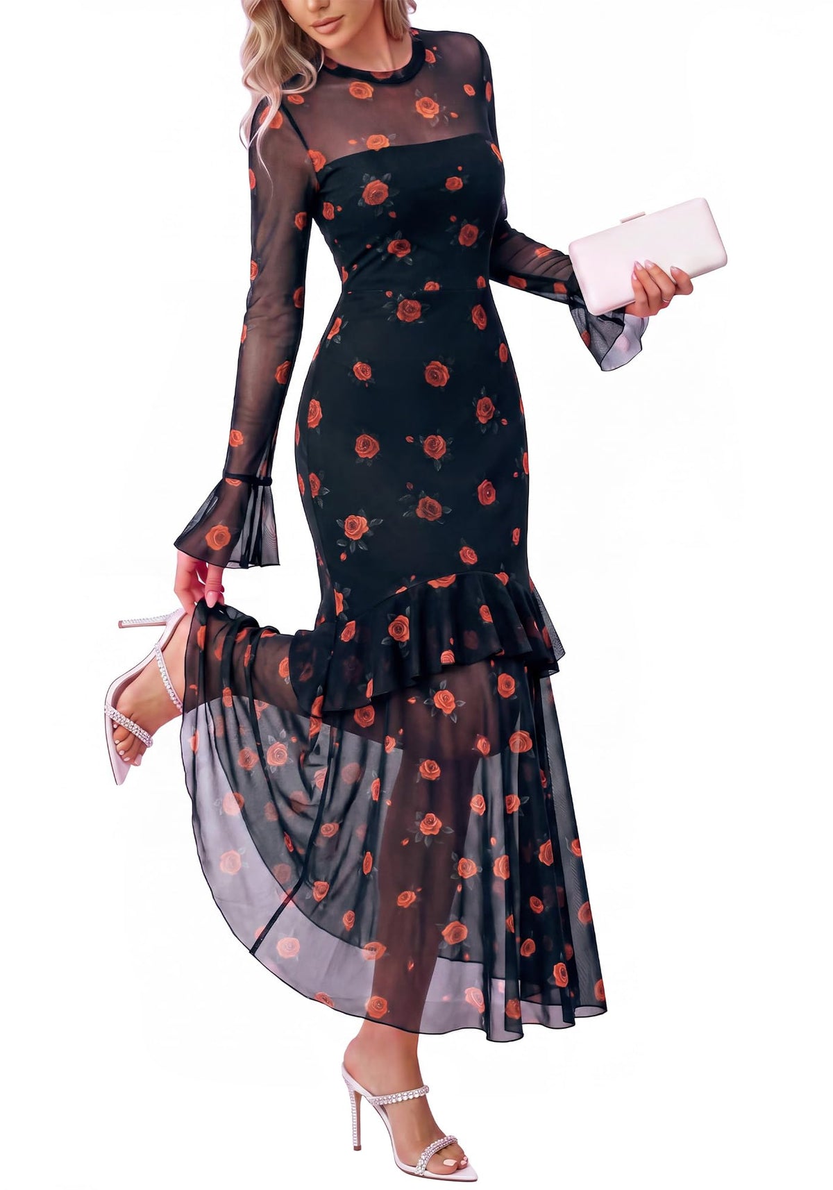 BTFBM Elegant Wedding Guest Dress Long Sleeve Maxi Dresses for Women