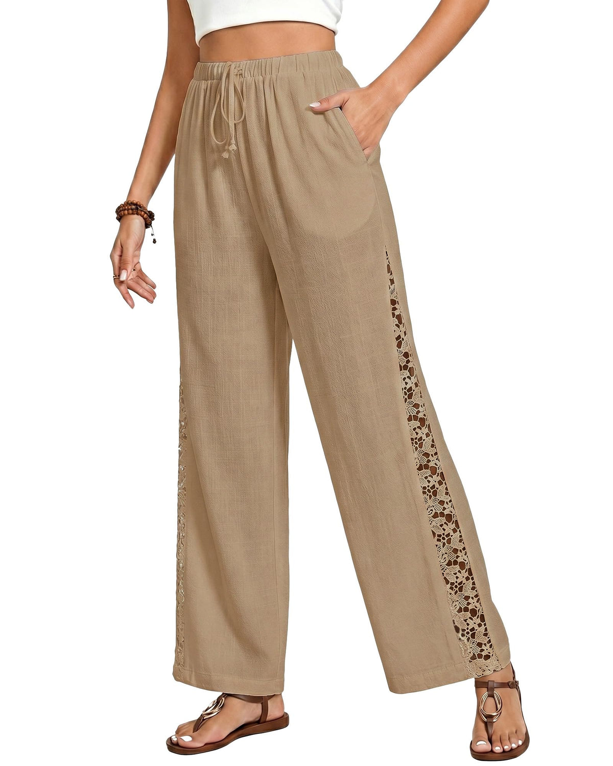 GRAPENT Linen Pants Women Wide Leg High Waisted Crochet Panel Pull On Elastic Waist Casual Summer Beach Vacation Pants