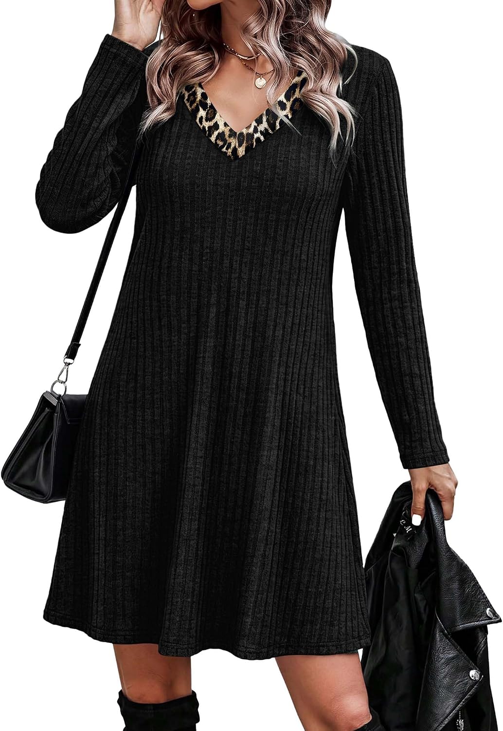 OFEEFAN Fall Dresses for Women Color Block V Neck Long Sleeve Sweater Dress