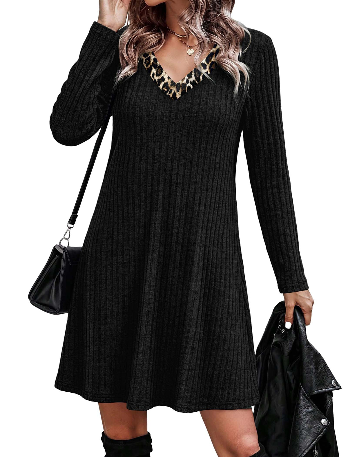 OFEEFAN Fall Dresses for Women Color Block V Neck Long Sleeve Sweater Dress