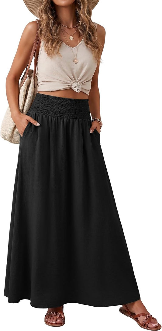 Lepunuo Maxi Skirts for Women Smocked Elastic High Waisted Casual Boho Swing Pleated Beach Long Skirts with Pockets