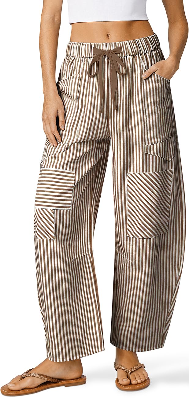 TARSE Womens Striped Linen Barrel Pants with Pockets Y2k Patchwork