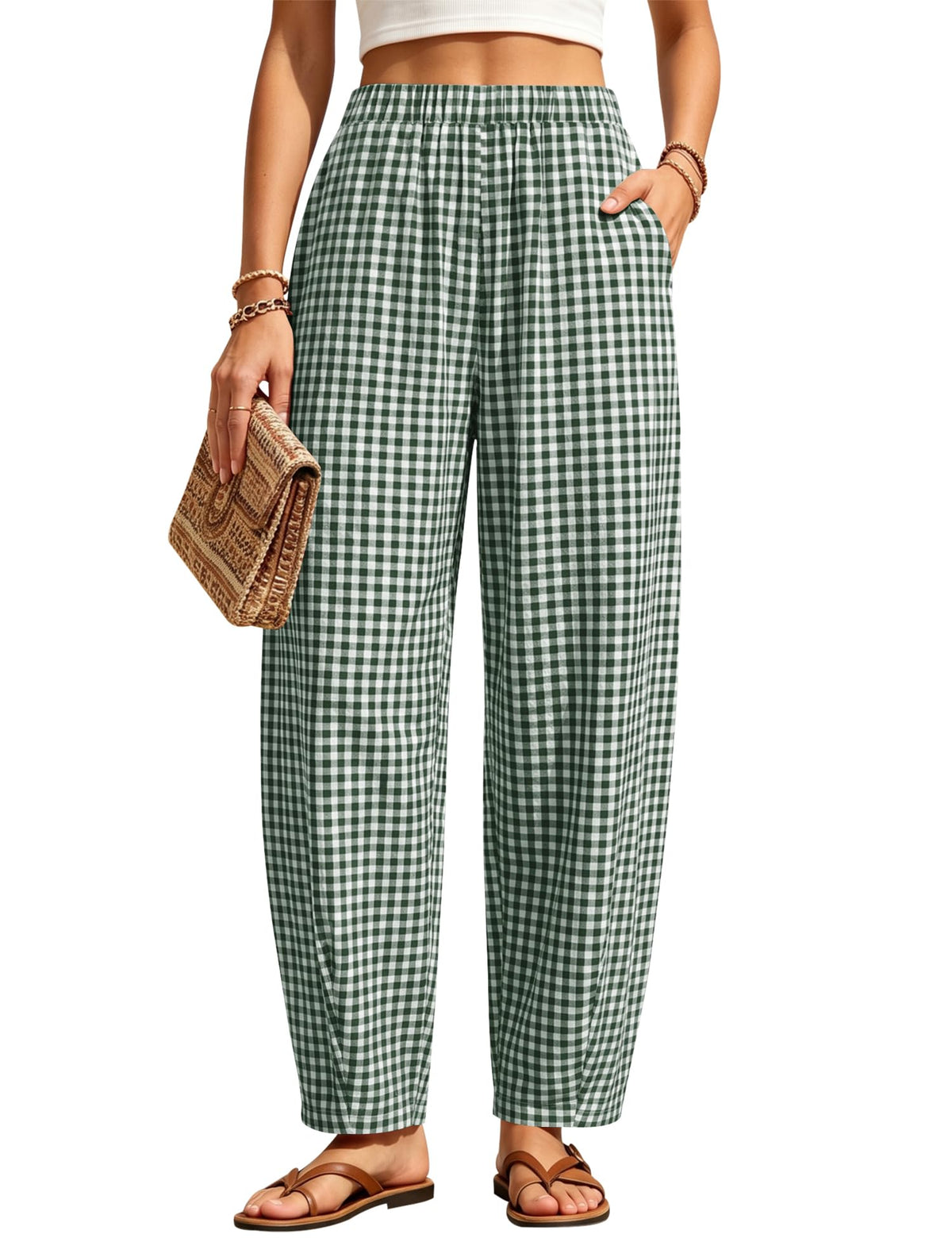 LOMON Womens Barrel Harem Travel Pants Baggy Casual Gingham Striped Bottoms