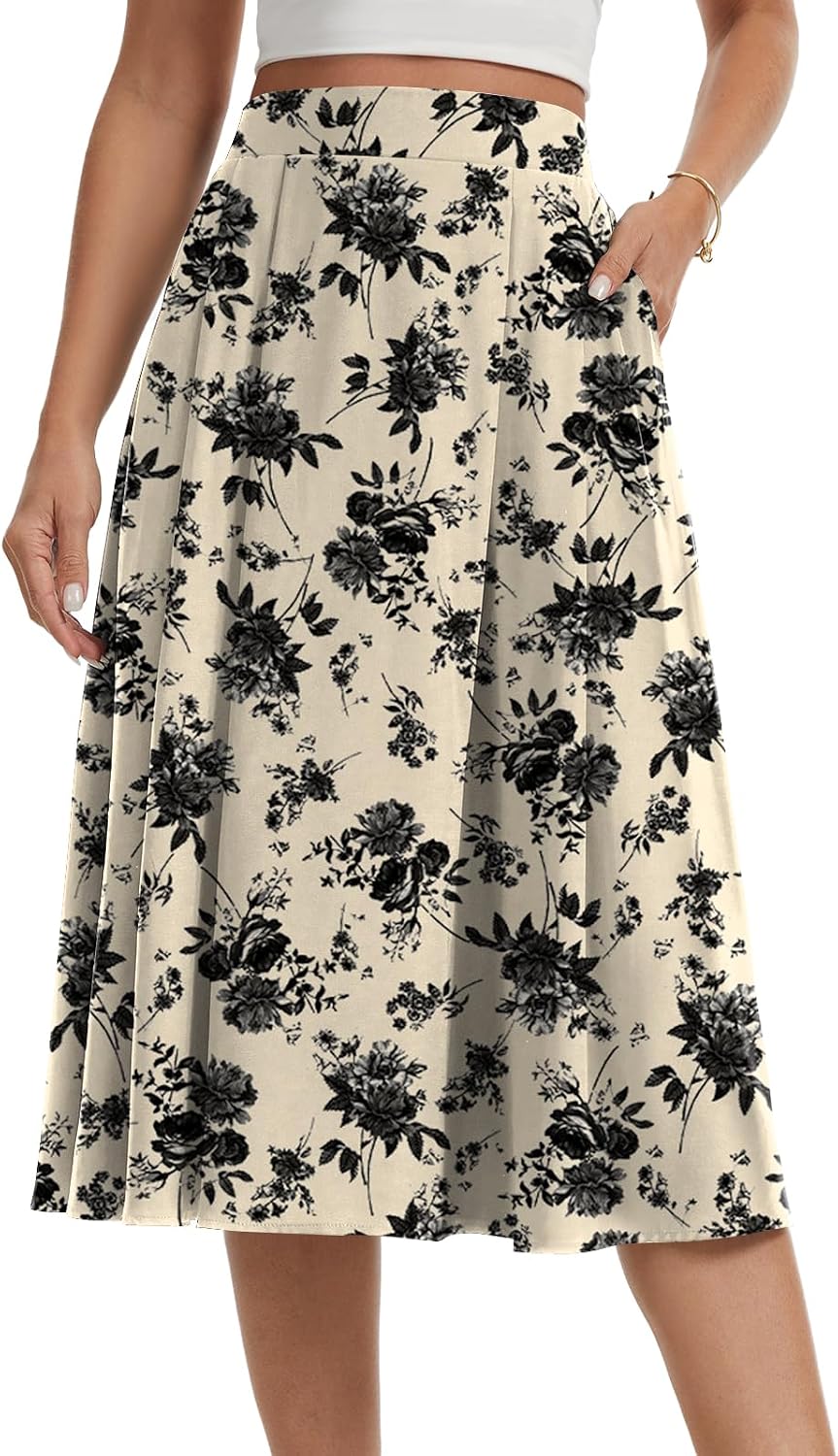 Womens Midi Flowy Skirts A-Line Casual Skirt with Pockets S-2XL
