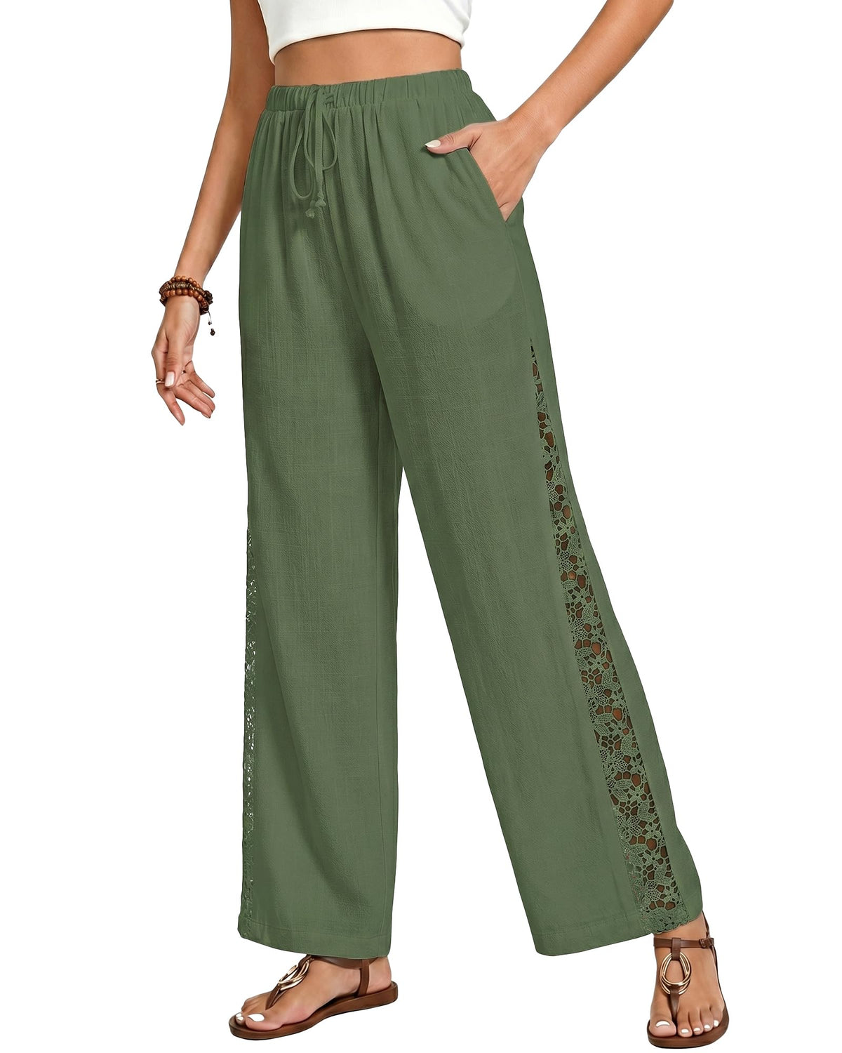 GRAPENT Linen Pants Women Wide Leg High Waisted Crochet Panel Pull On Elastic Waist Casual Summer Beach Vacation Pants