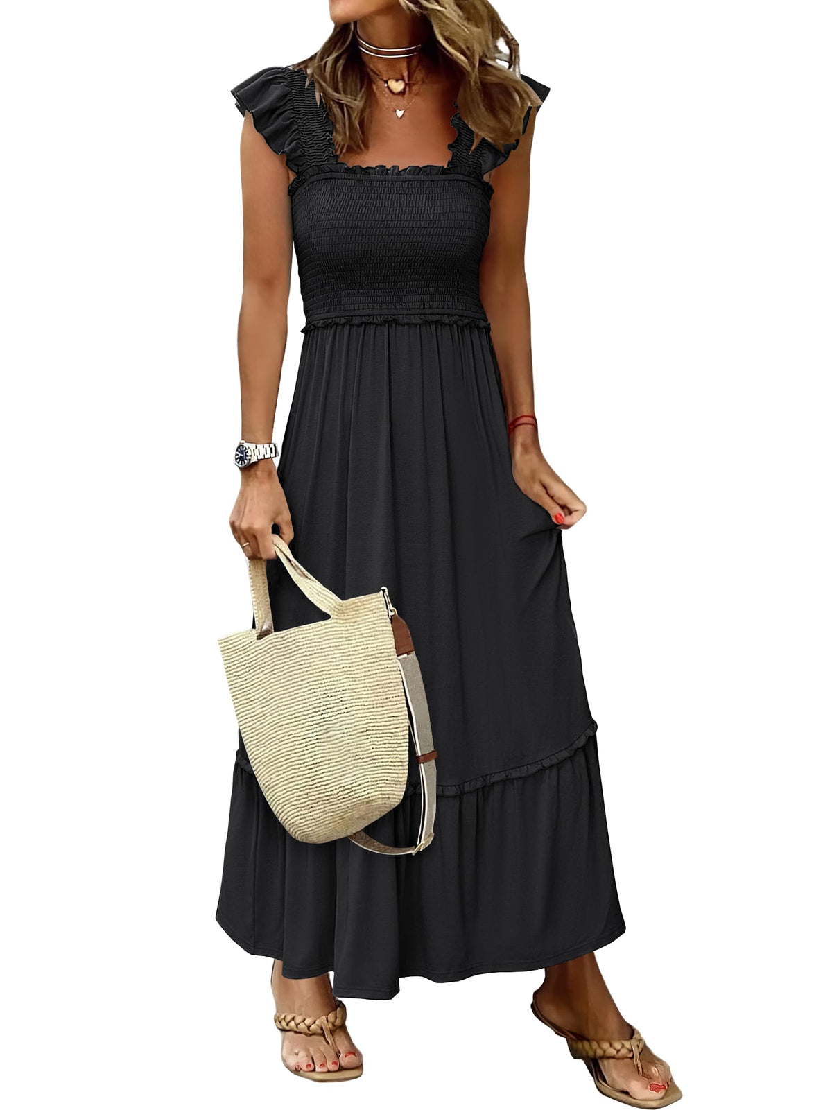 ANRABESS Womens Summer Sleeveless Maxi Dress Square Neck Smocked Boho Casual Ruffle Strap Flowy A-Line Long Beach Sundress