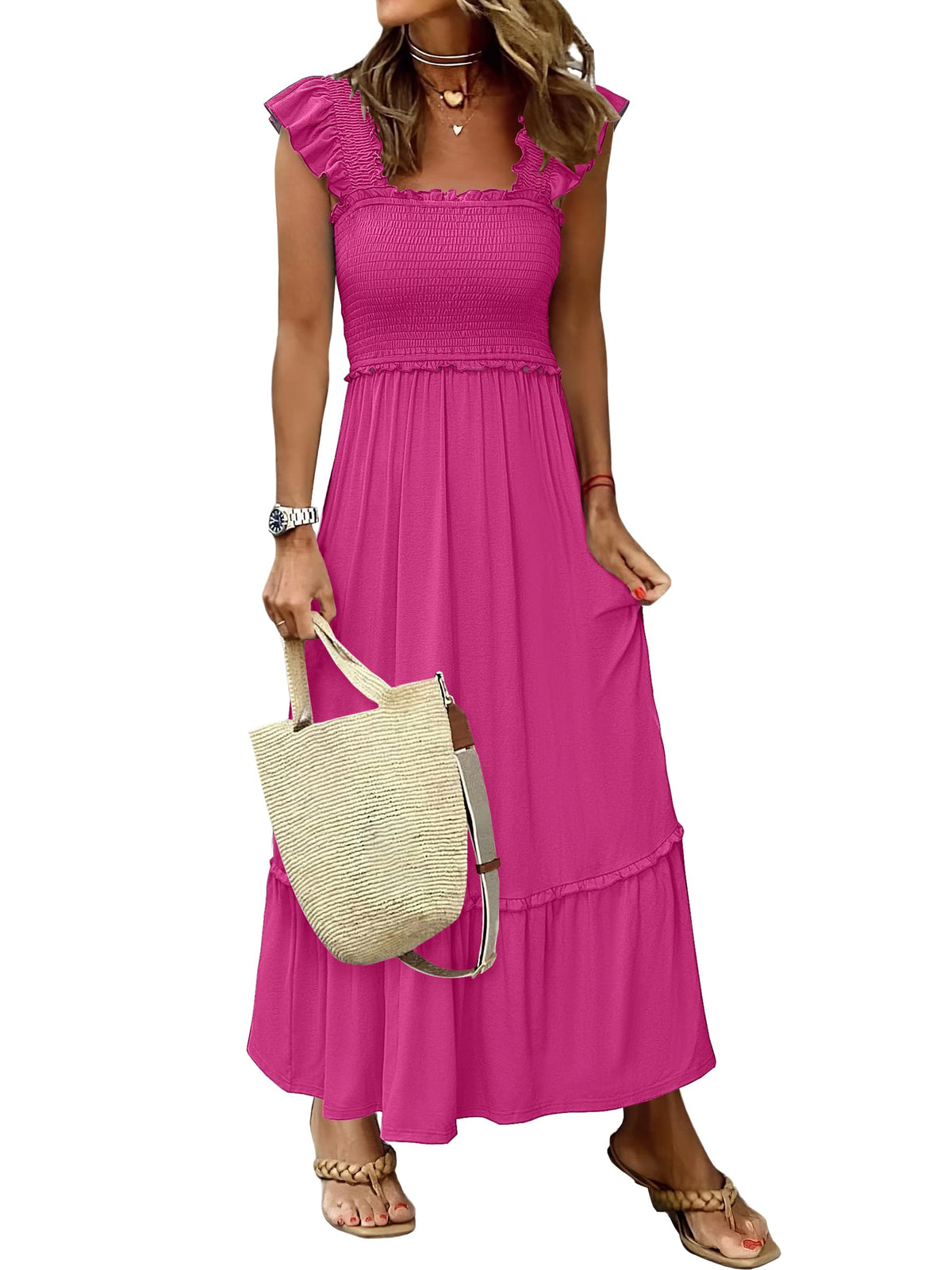 ANRABESS Womens Summer Sleeveless Maxi Dress Square Neck Smocked Boho Casual Ruffle Strap Flowy A-Line Long Beach Sundress