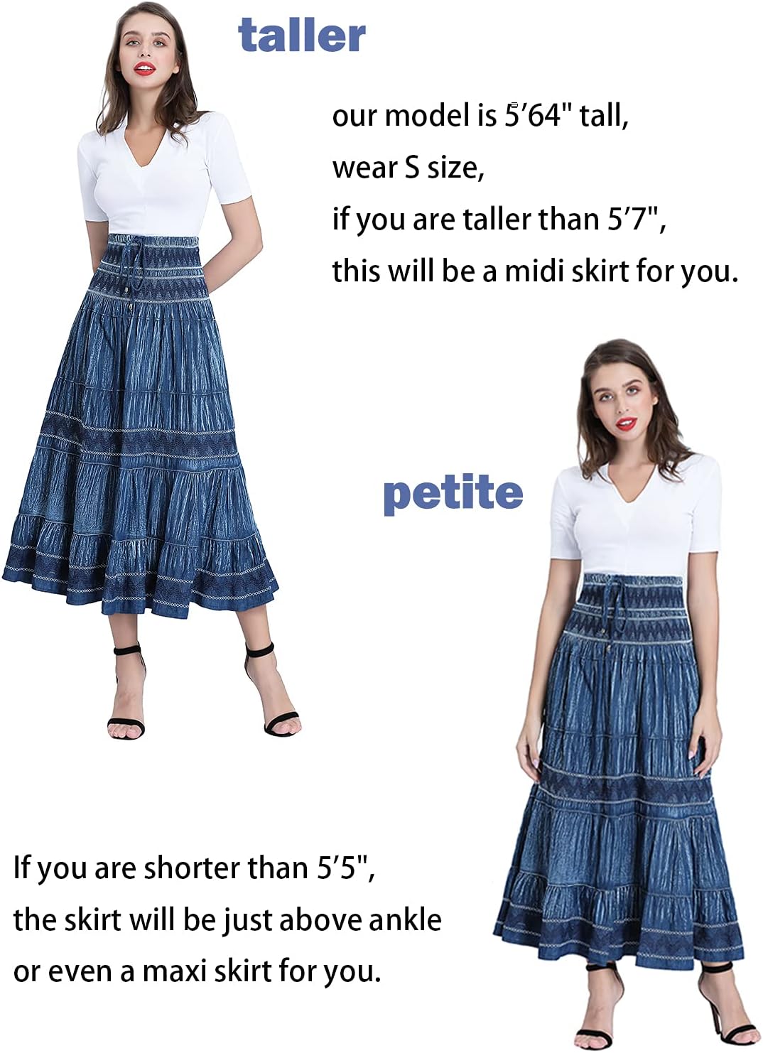DREFBUFY Womens Denim Skirt High Waist Pleated Tiered Long Skirts Maxi Casual Style Jean Dress for Women