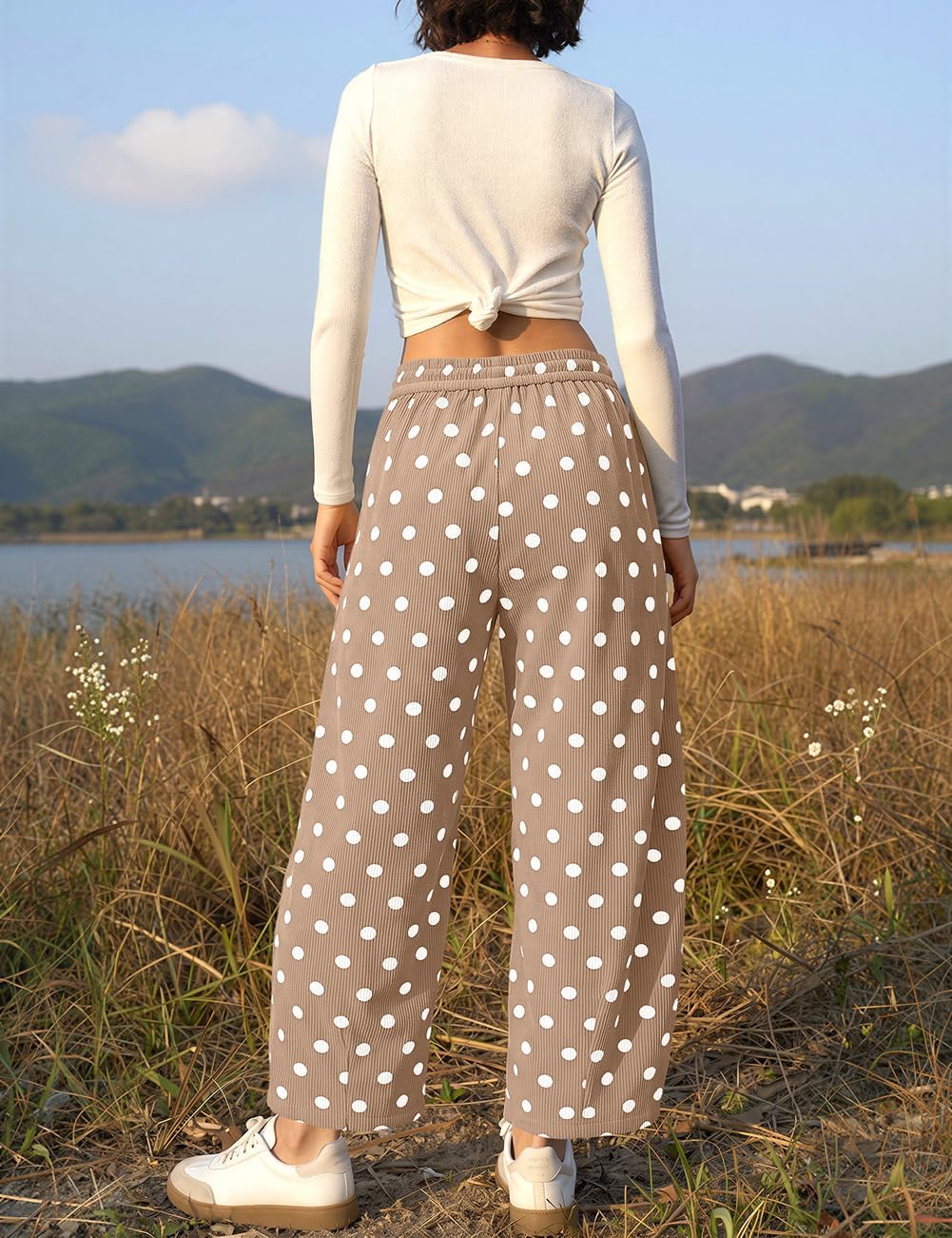 TARSE Women's Corduroy Barrel Pants Polka Dot Wide Leg Pants with Pockets