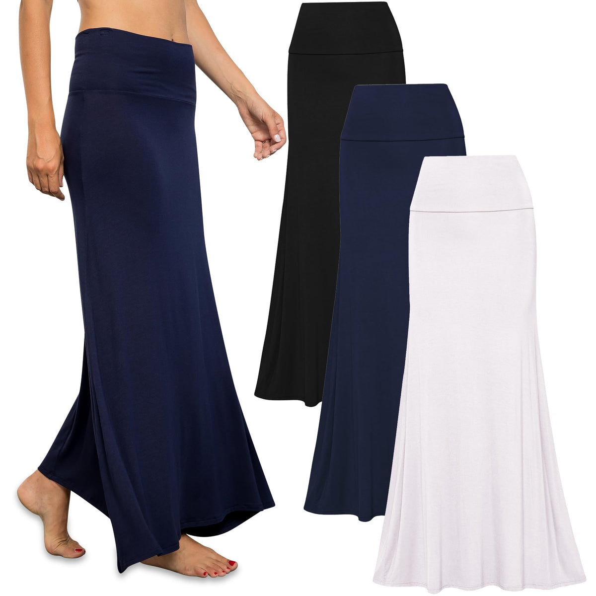 Free to Live 3 Pack Long Skirts for Women Fall Stretchy Flowy Maxi Skirt Dressy Casual for Work, Soft Fold Over High Waisted