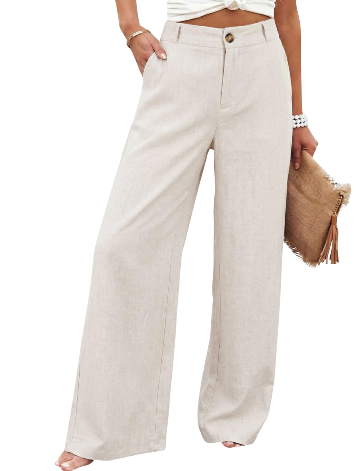 Hooever Womens Cotton Linen Pants Casual Button Up High Waisted Wide Leg Trousers