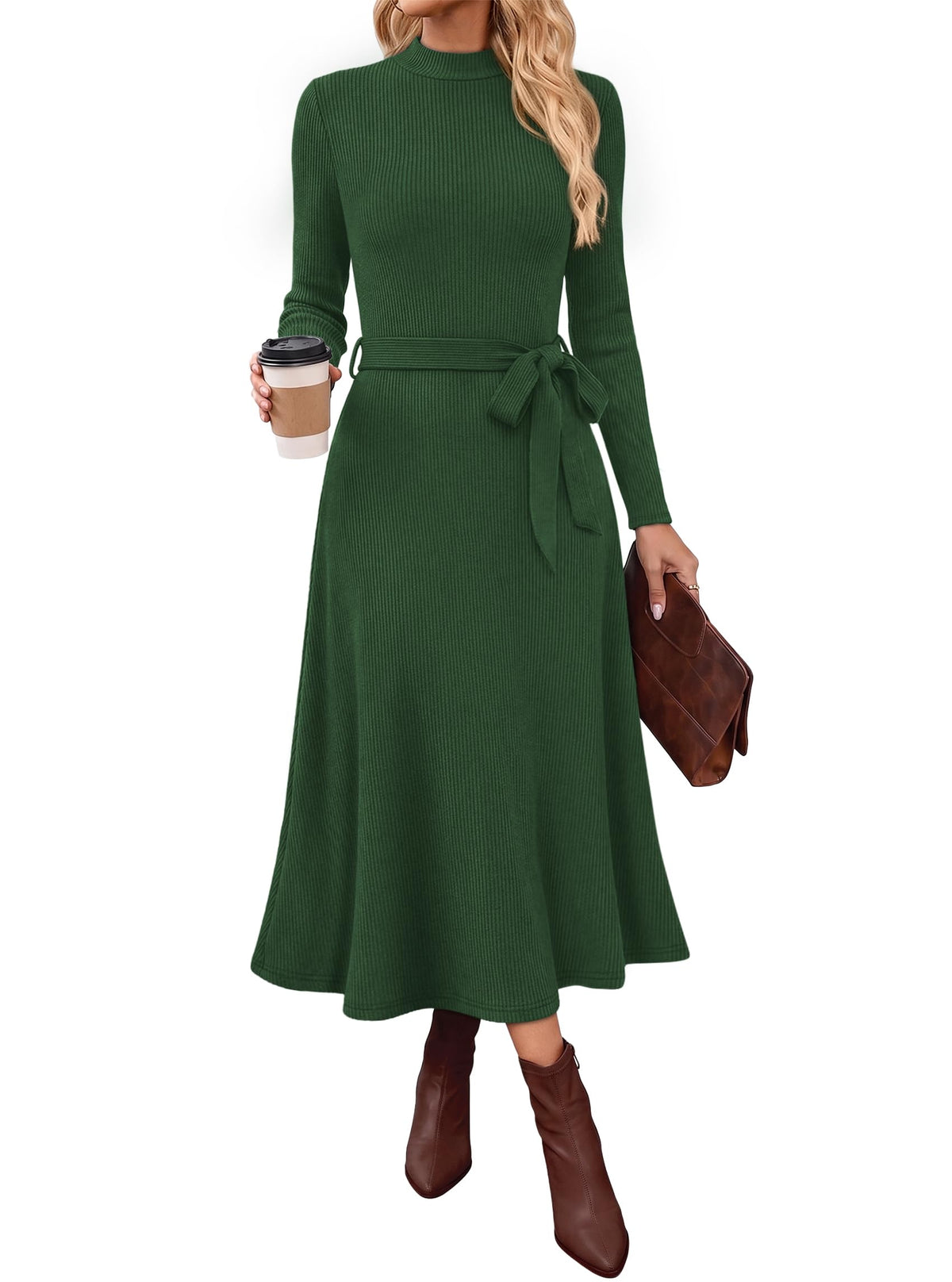 OFEEFAN Long Sleeve Dress Mock Neck Tie Waist Ribbed Knit Midi Dresses Fall Outfits