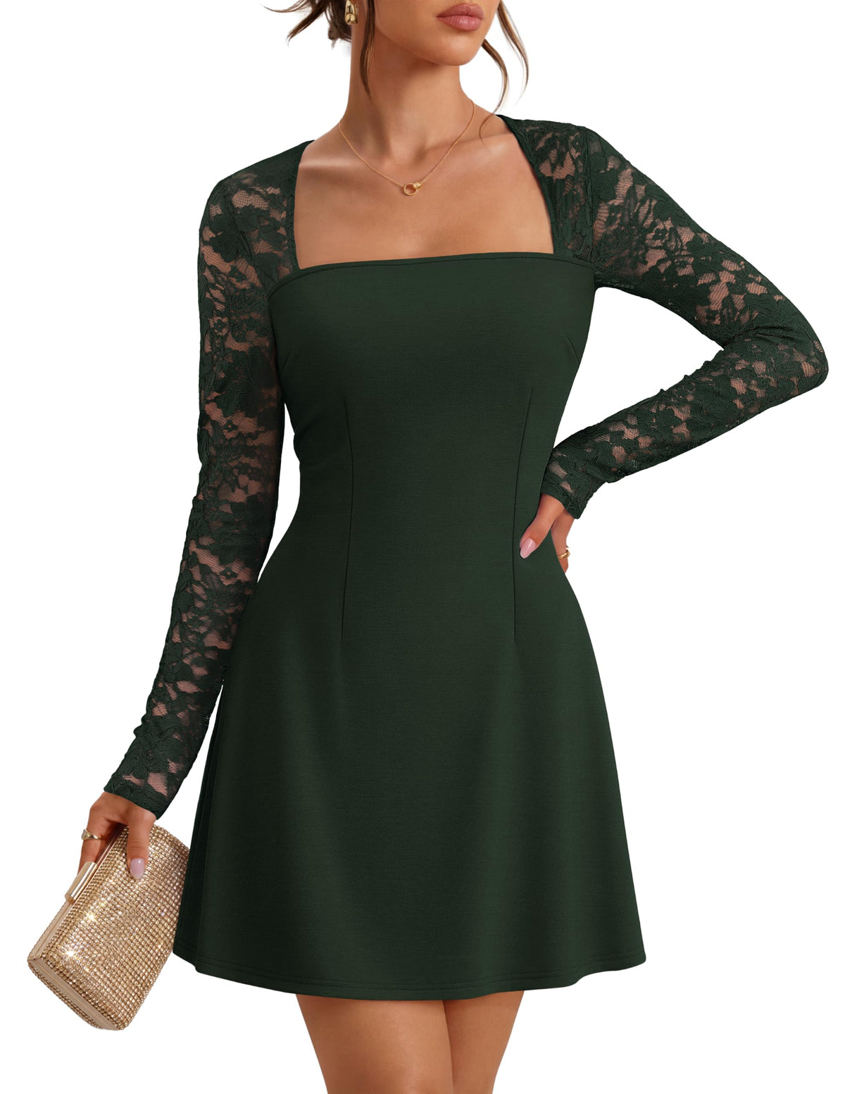 MEROKEETY Womens Lace Long Sleeve Fall Cocktail Wedding Guest Mini Dress