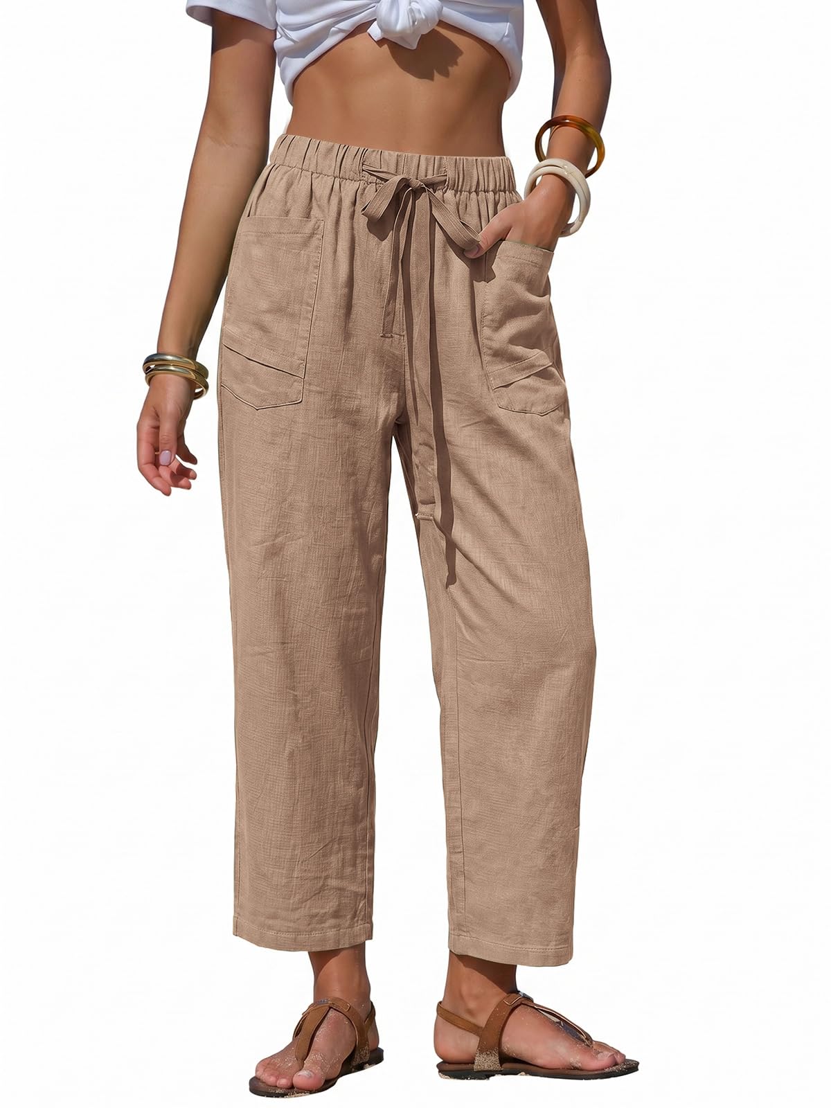 EXLURA Womens Faux Linen Striped Barrel Capri Pants Drawstring Trousers