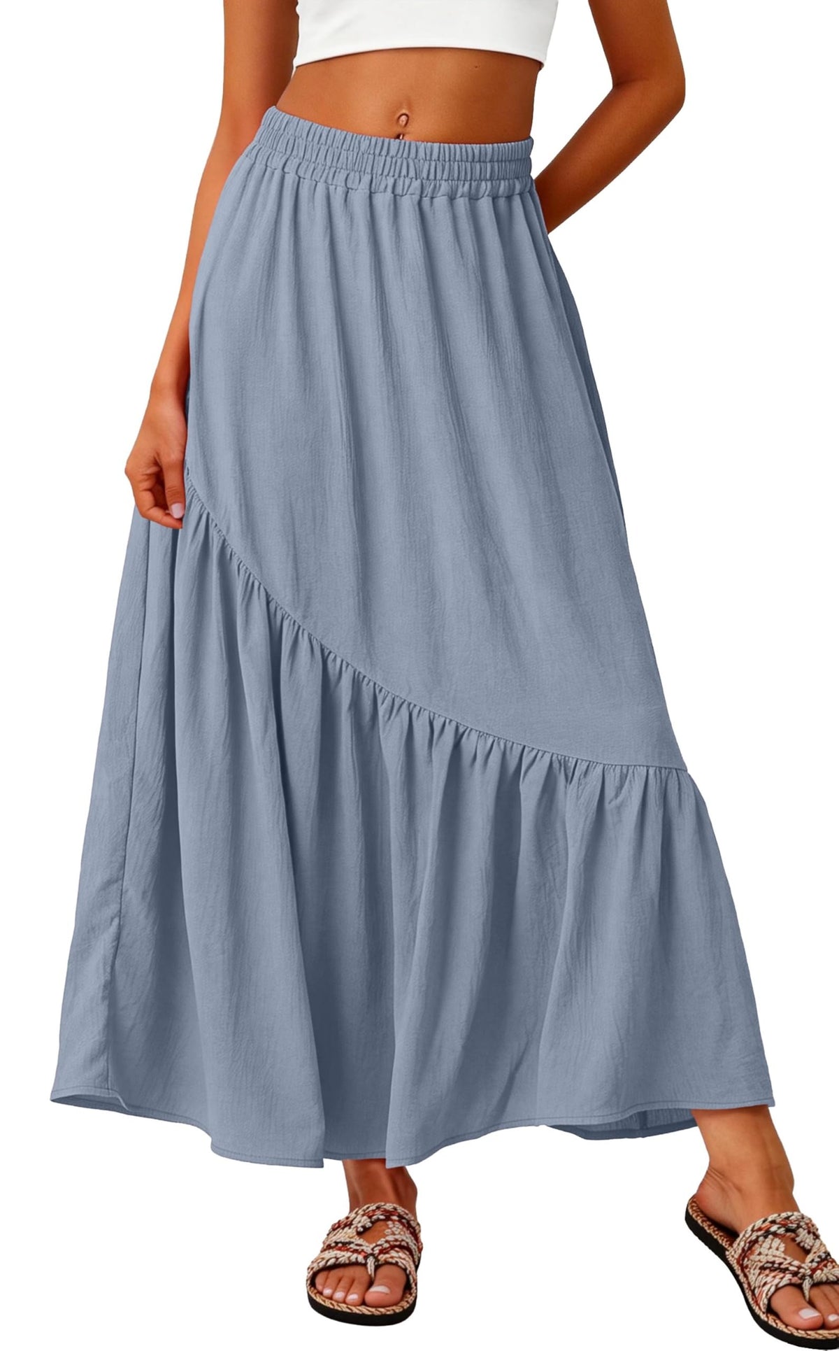GRECERELLE Women's Maxi Skirt High Waist Tiered A-Line with Pockets
