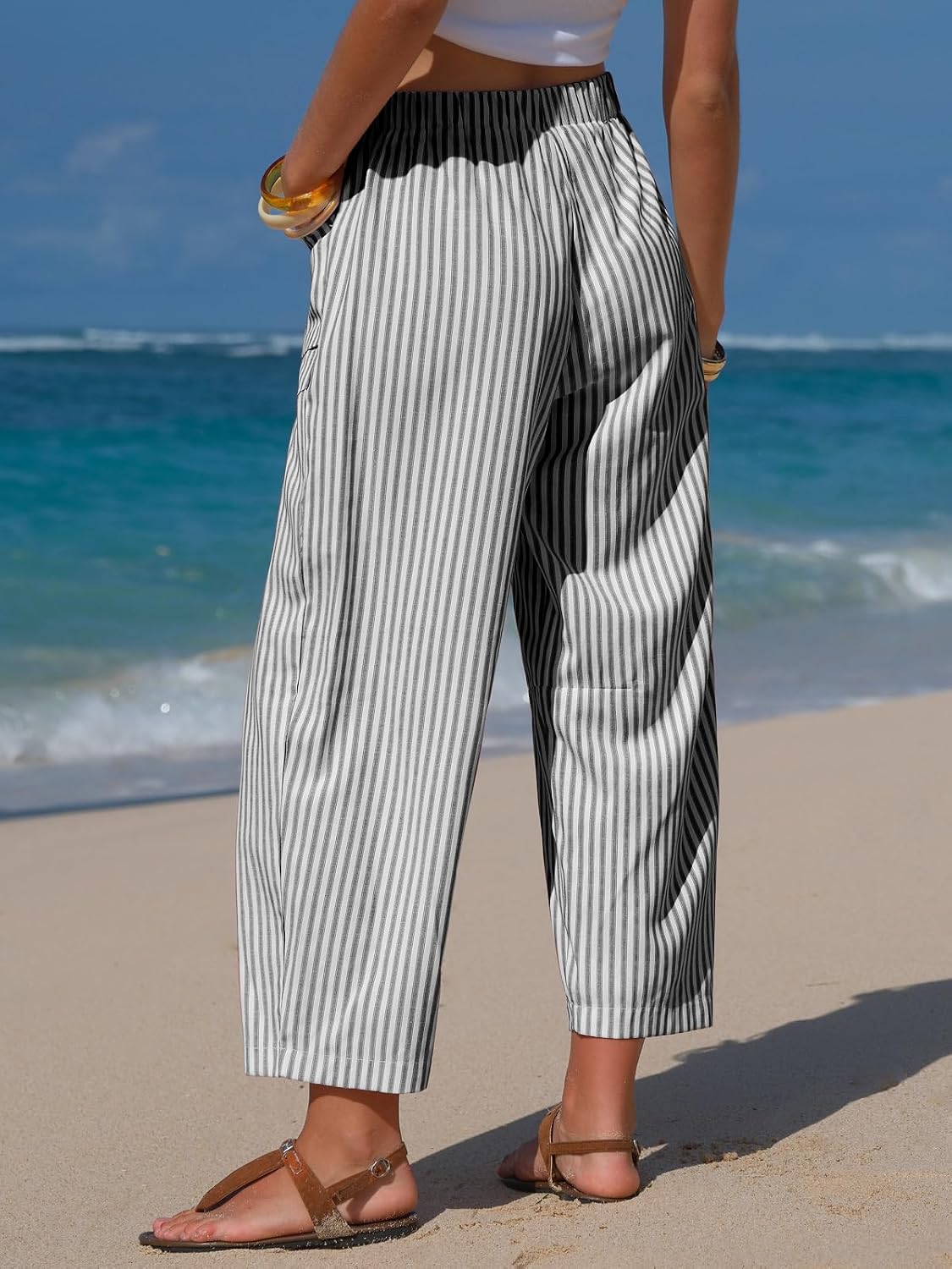 EXLURA Womens Faux Linen Striped Barrel Capri Pants Drawstring Trousers