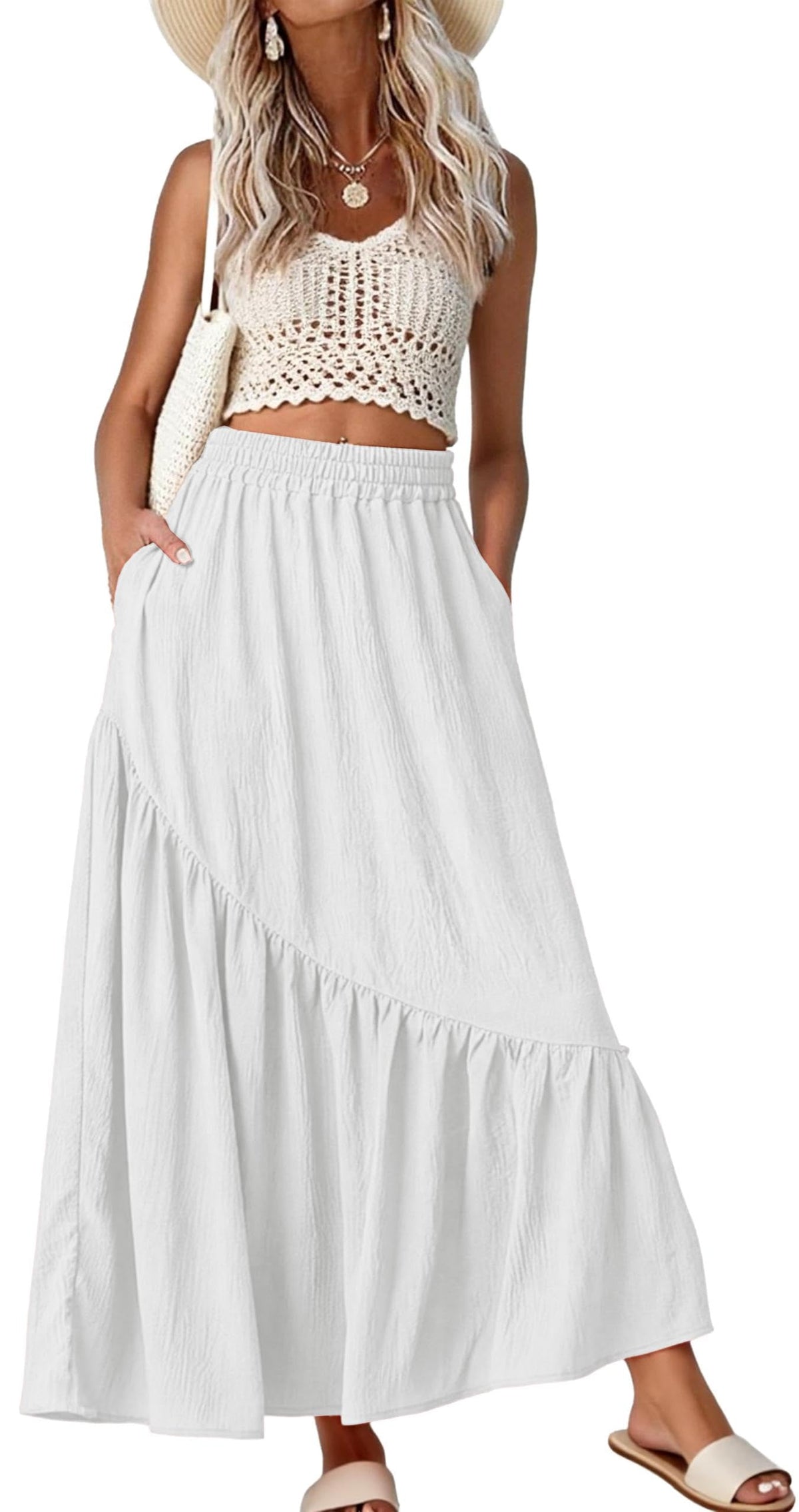 GRECERELLE Women's Maxi Skirt High Waist Tiered A-Line with Pockets