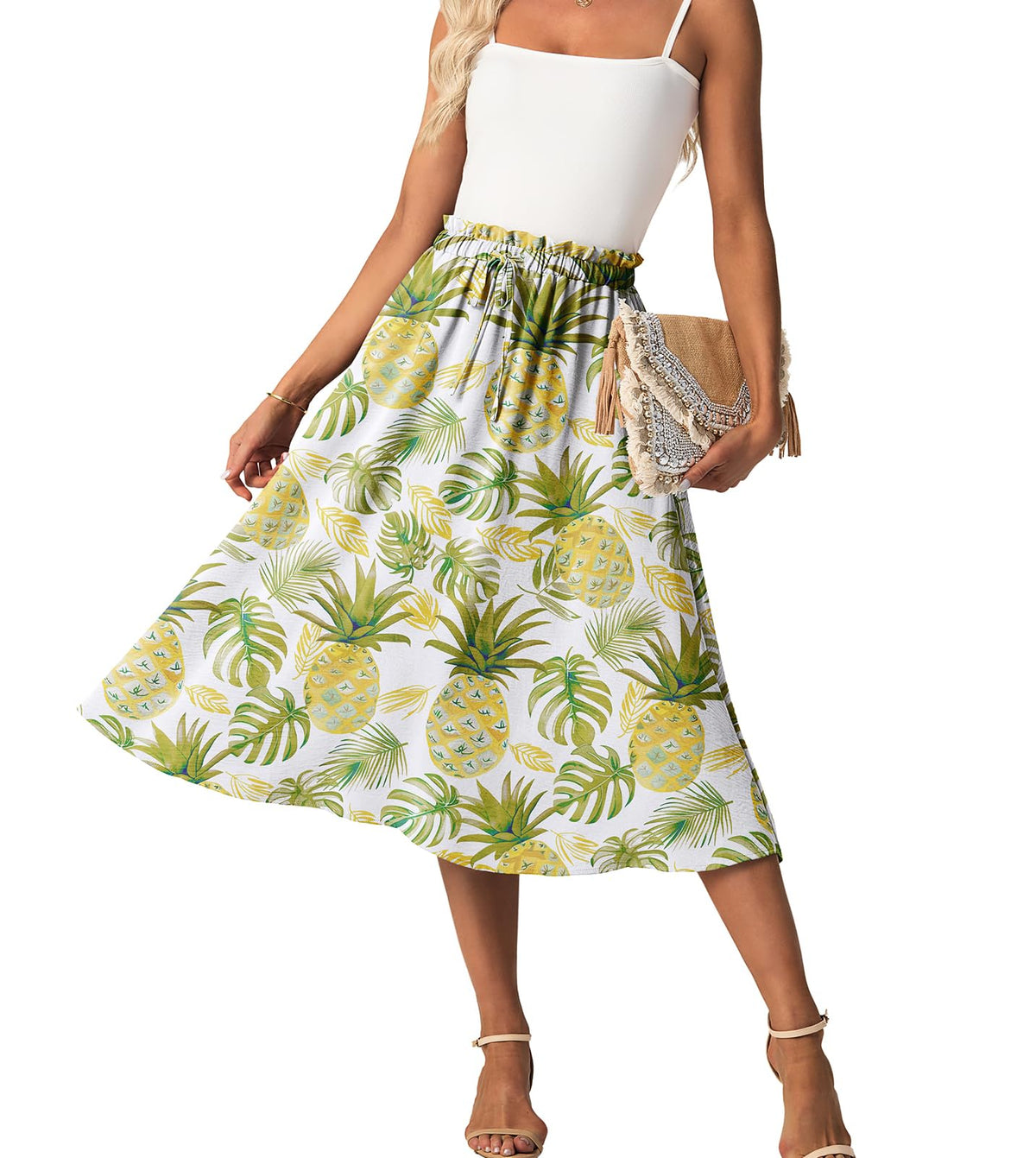 FREEOAK High Waist Skirts for Women Below Knee Casual Flowy Summer Midi Skirts Palazzo A-Line Long Skirt with Pockets