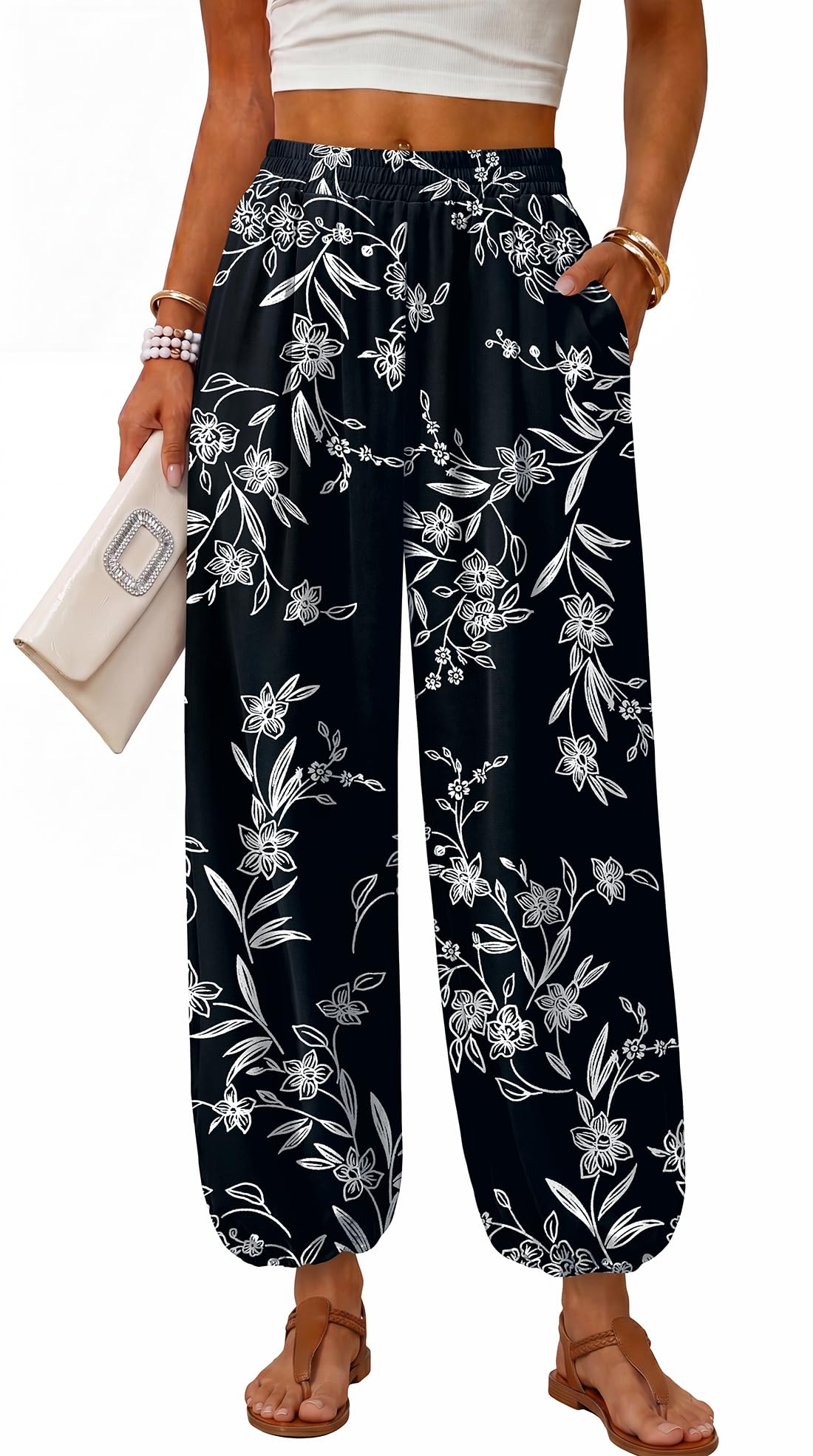 Sampeel Balloon Pants for Women Flowy High Waist Trousers with Pockets