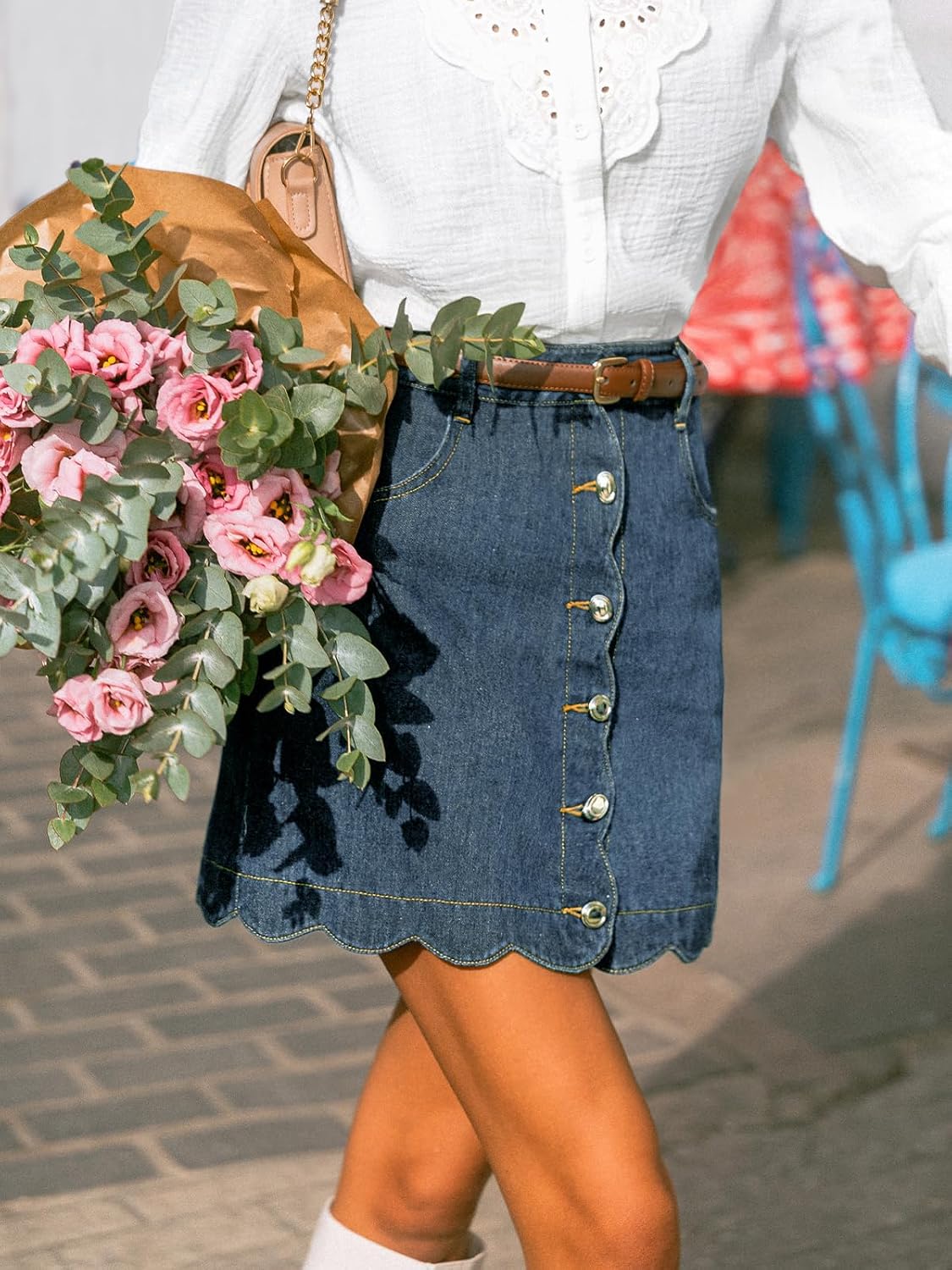 CUPSHE Women’s Denim Mini Skirt Button Front A-Line Scalloped Jeans