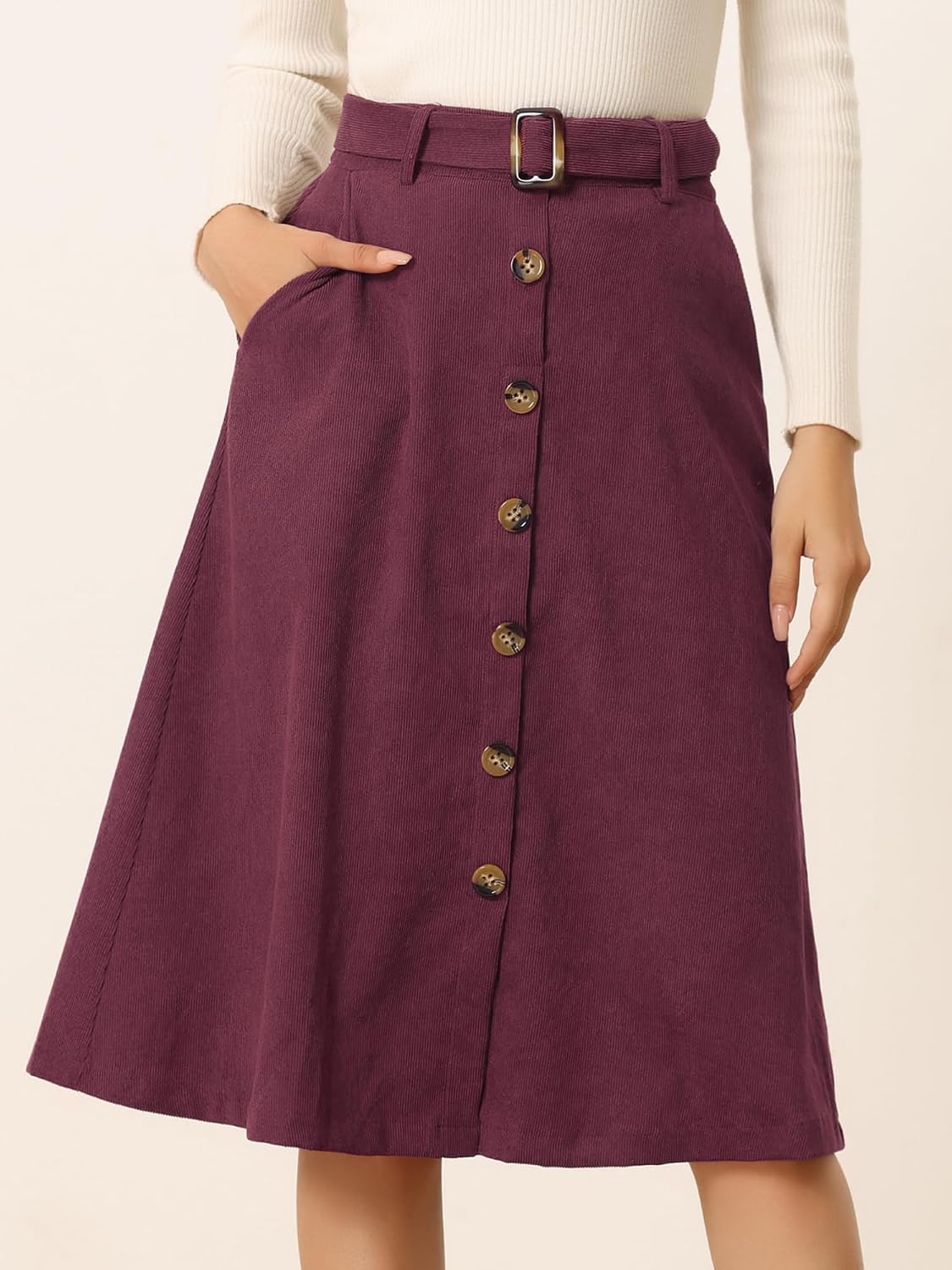 Allegra K Women's Button Front High Waist A-Line Belted Corduroy Midi Skirt
