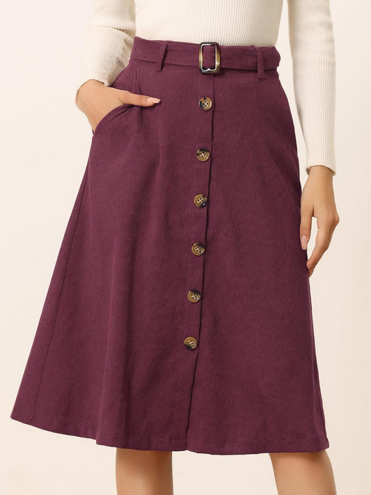 Allegra K Women's Button Front High Waist A-Line Belted Corduroy Midi Skirt