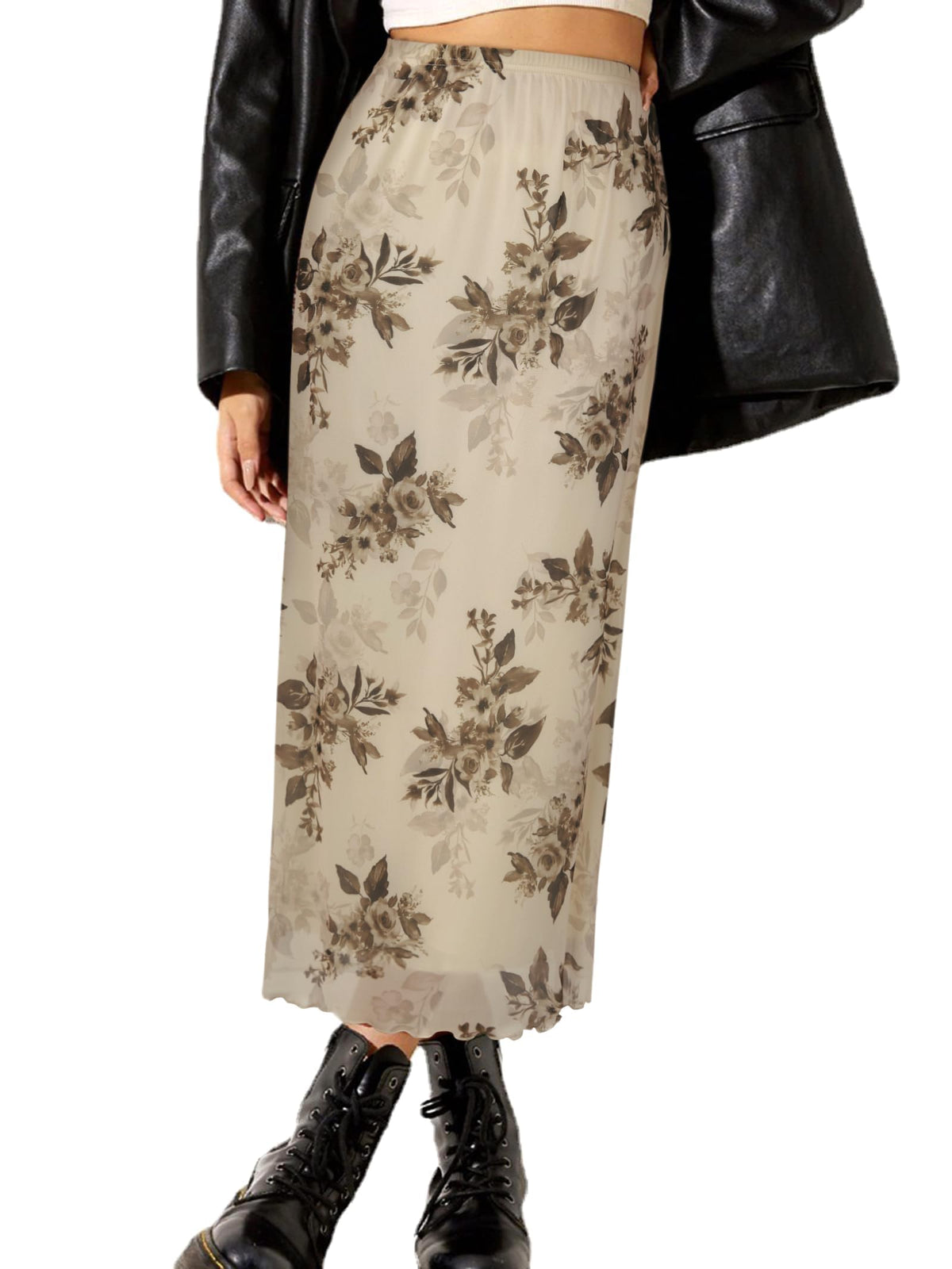 Avanova Women Mesh Floral Boho Midi Skirt High Waist Long Skirt