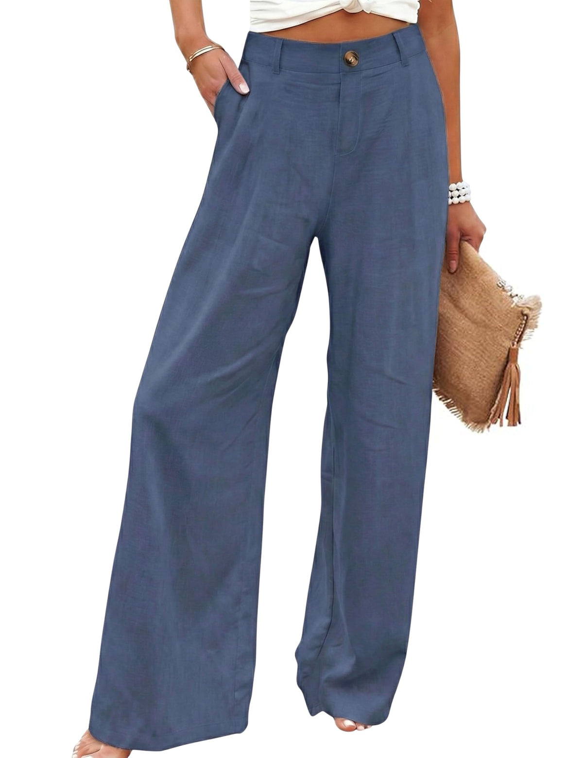 Hooever Womens Cotton Linen Pants Casual Button Up High Waisted Wide Leg Trousers