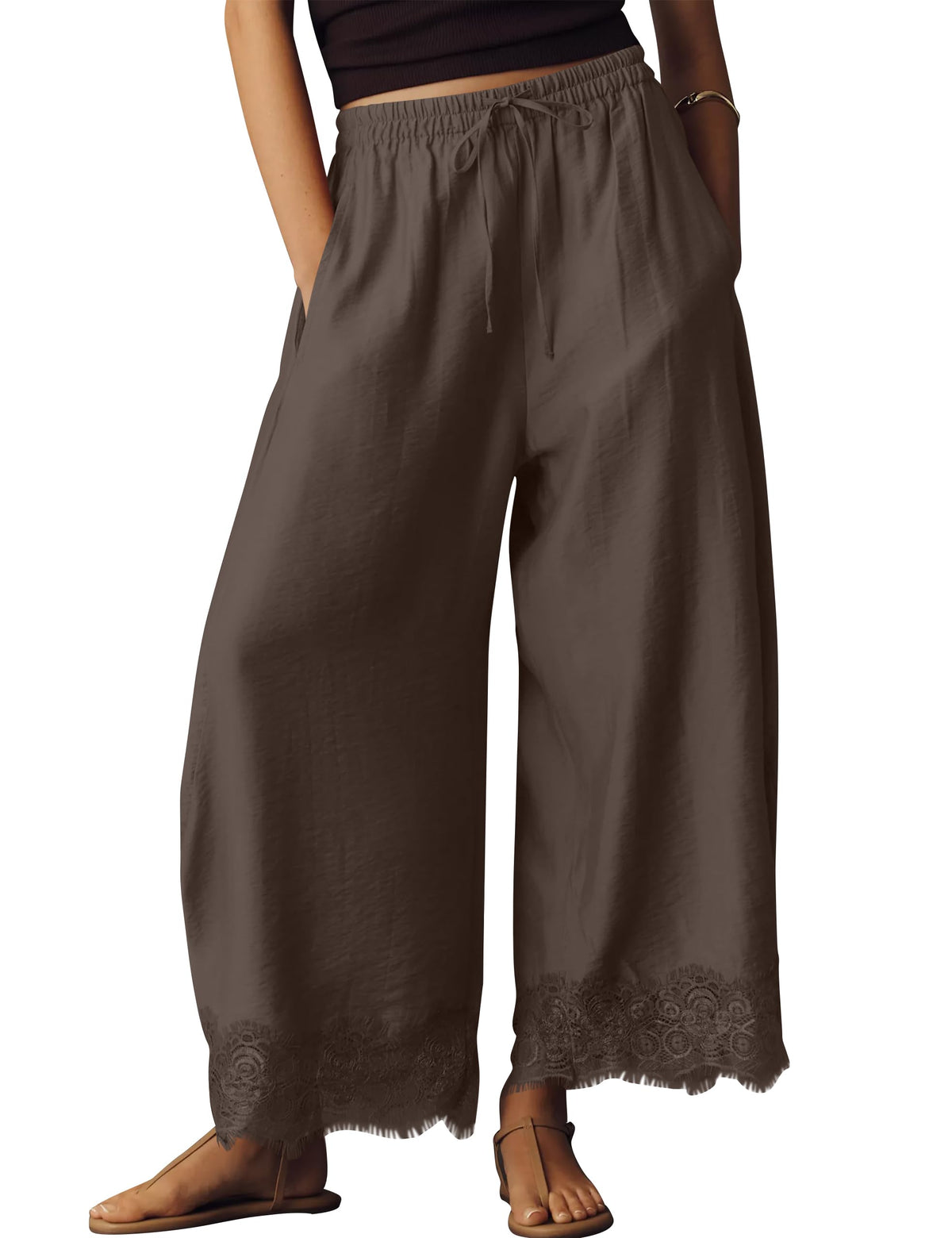 Anoumcy Lace Trim Wide Leg Pants for Women 2026 Spring Summer Cropped Lightweight Casual Pants