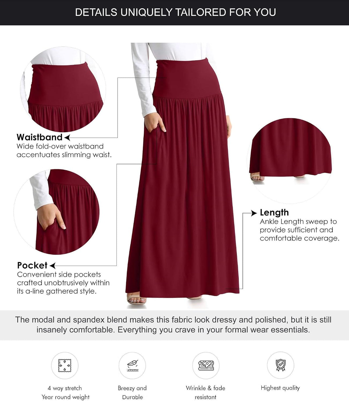 Simlu Maxi Skirts for Women Ankle Length Skirt Casual Long Skirt High Waisted Maxi Skirt Reg and Plus Size Skirt Long Skirt