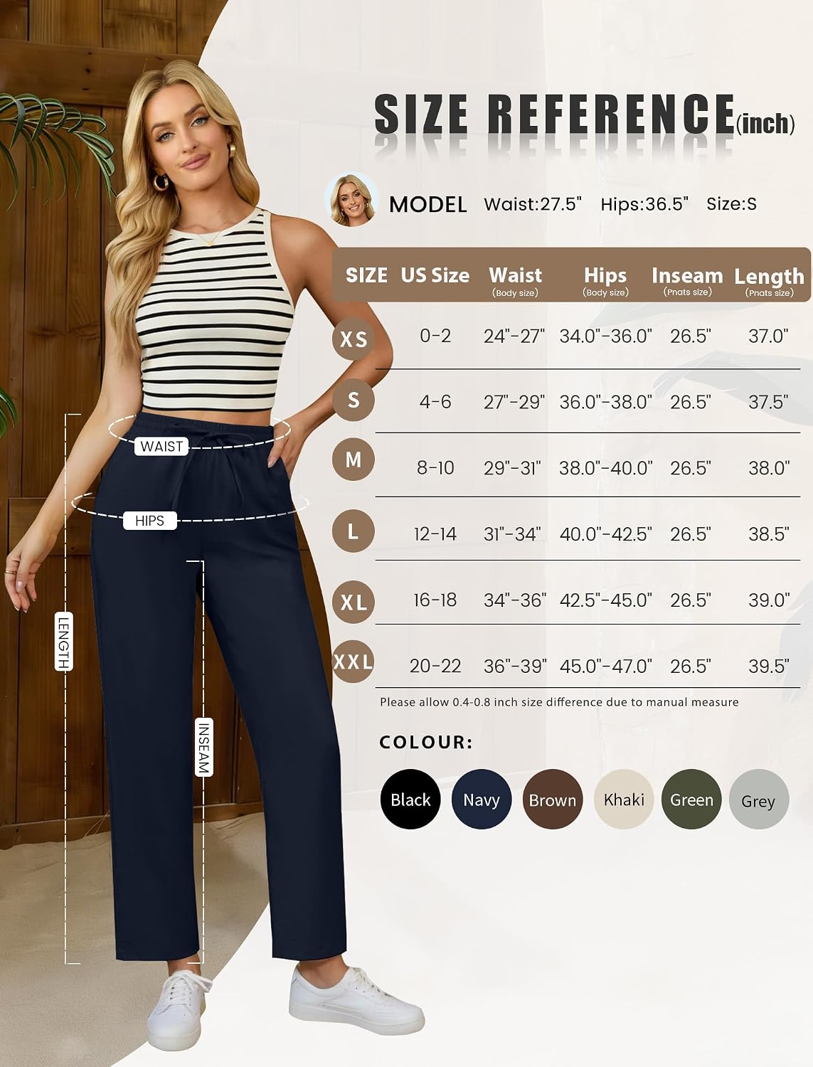 DLOODA Womens Linen Pants High Waisted Drawstring Casual Ankle Trousers