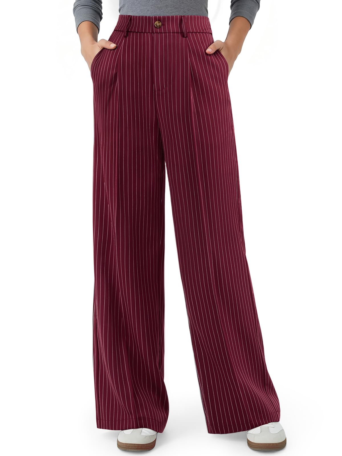 NIMIN Women High Waisted Dress Pants Striped Work Trousers with Pockets