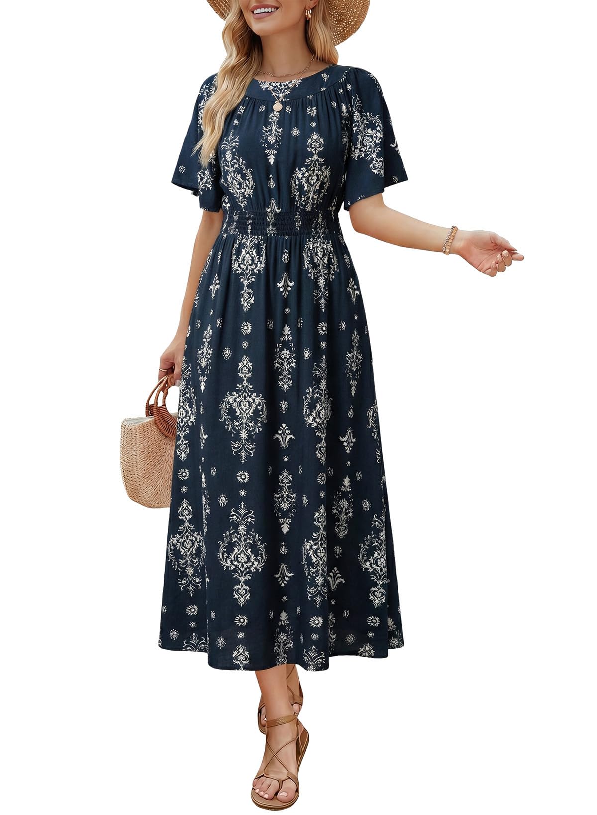 Dokotoo Summer Dresses for Women 2026 Vintage Elegant Midi Maxi Dresses Casual Short Sleeve A Line Flowy Dress