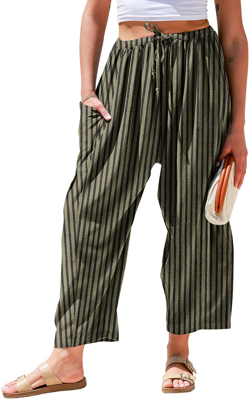 TARSE Womens Wide Leg Striped Linen Pants with Pocket