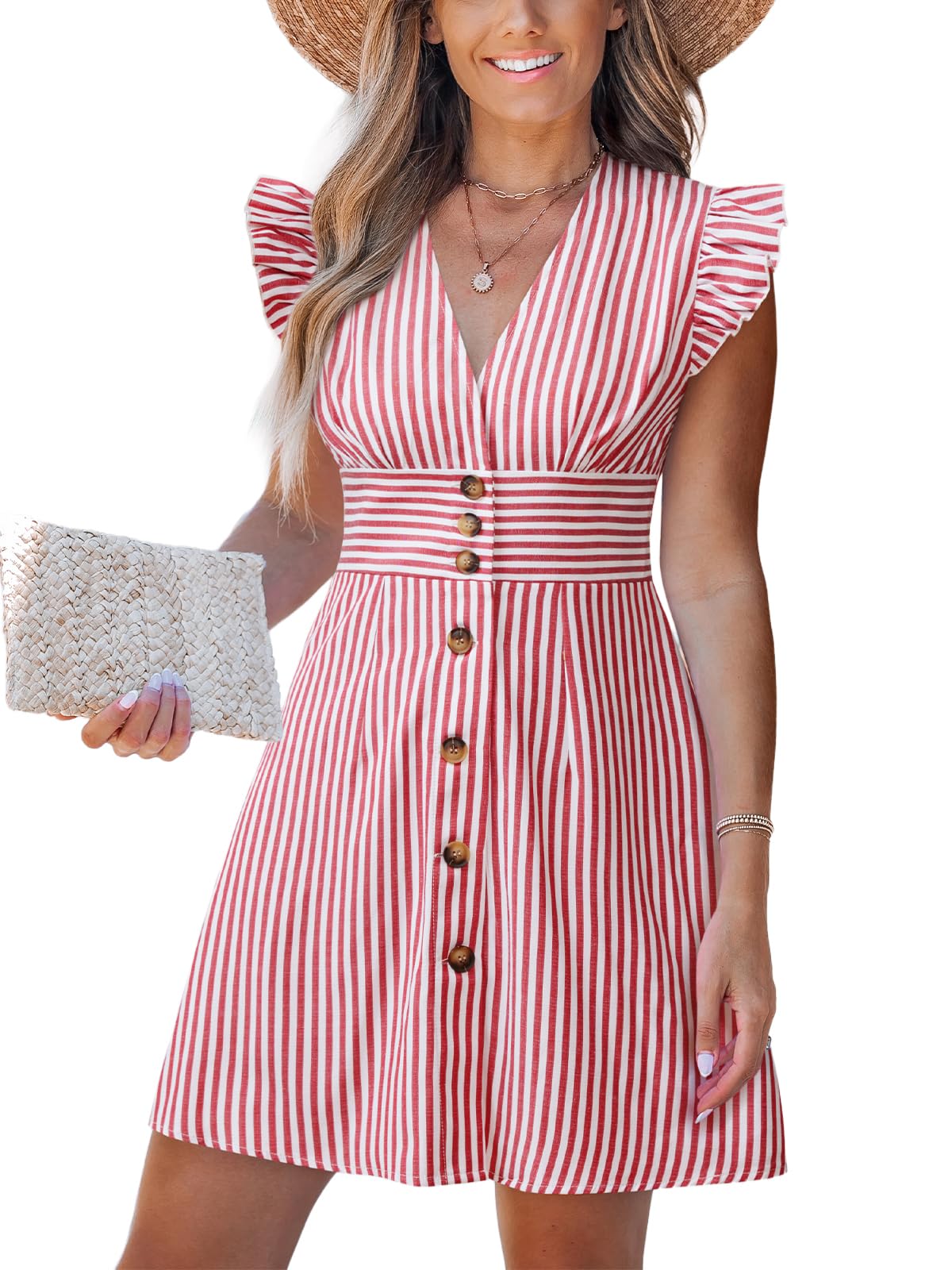 CUPSHE Women's Striped Deep V-Neck Button Down Mini Sundress