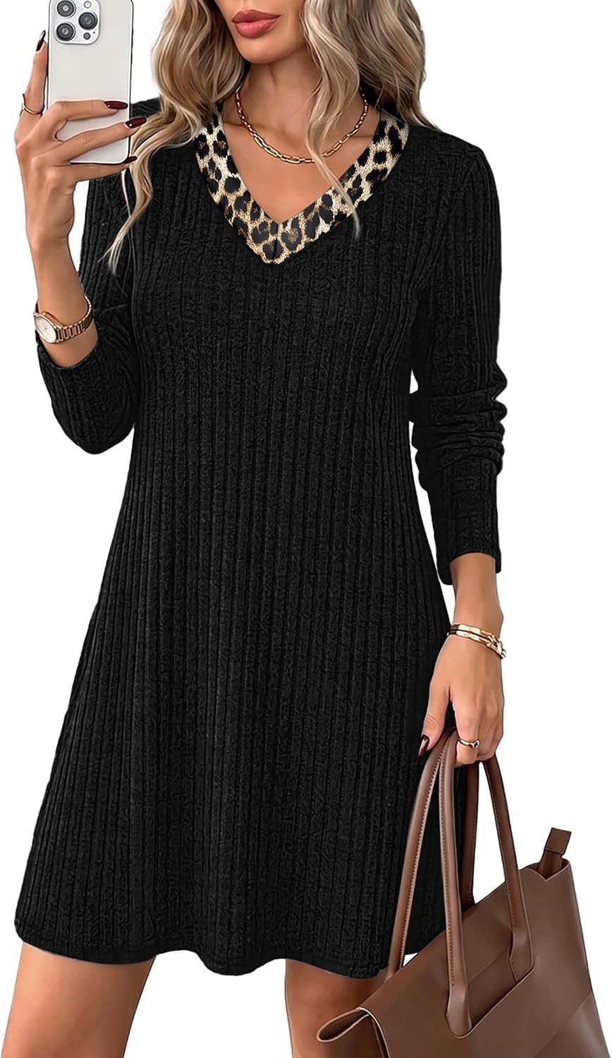OFEEFAN Fall Dresses for Women Color Block V Neck Long Sleeve Sweater Dress