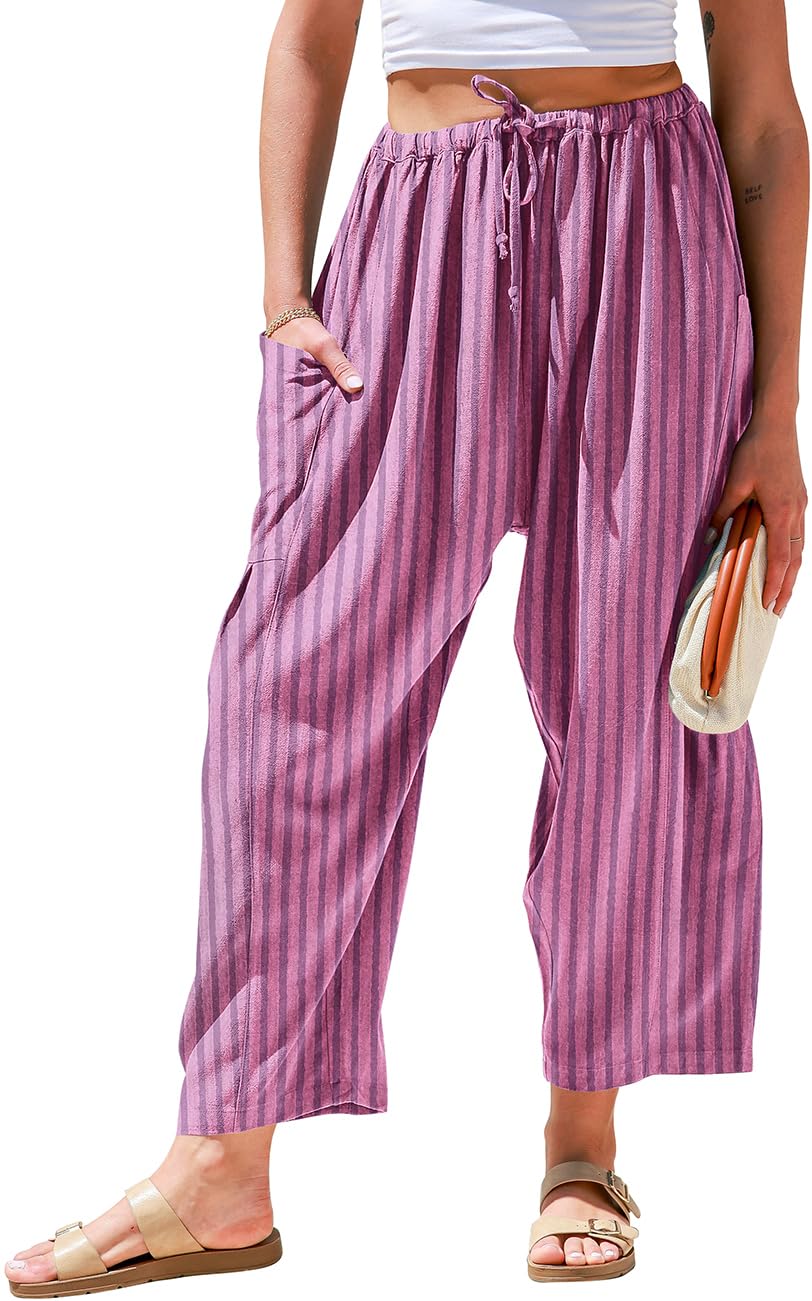 TARSE Womens Wide Leg Striped Linen Pants with Pocket