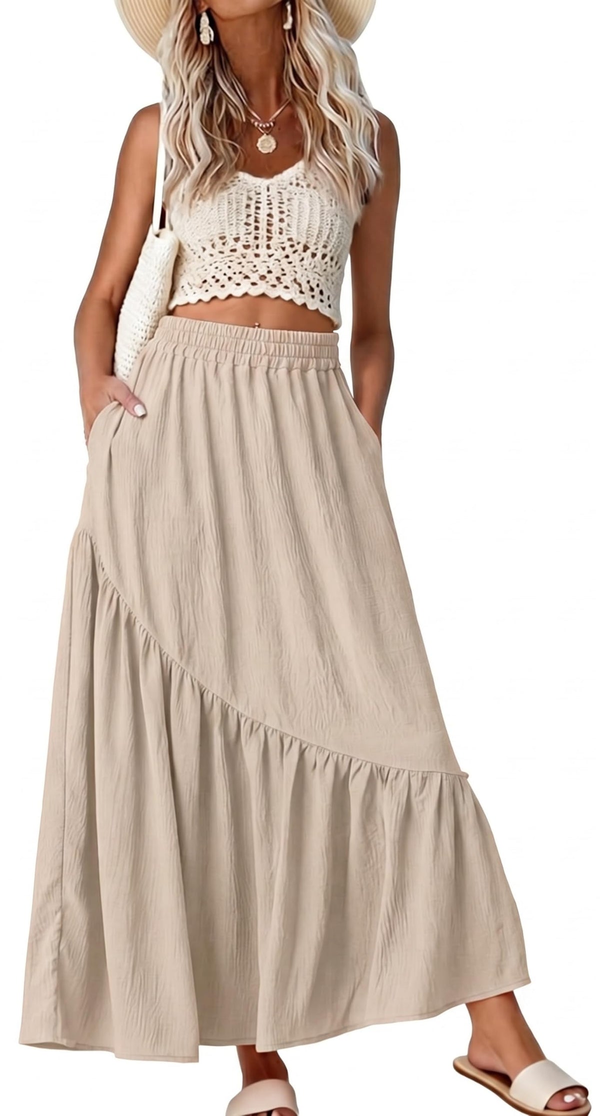 GRECERELLE Women's Maxi Skirt High Waist Tiered A-Line with Pockets