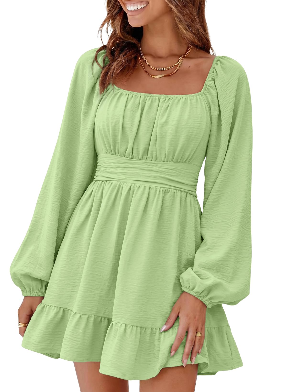 Dokotoo Womens Dress Lantern Sleeve Elastic Waist Tie Backless Mini Dress