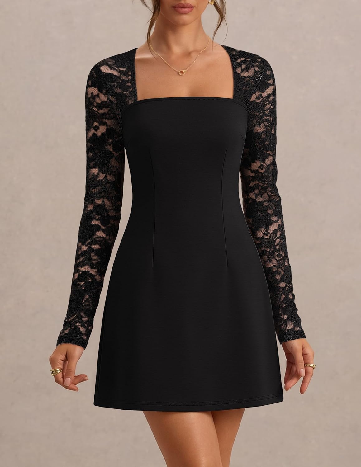 MEROKEETY Womens Lace Long Sleeve Fall Cocktail Wedding Guest Mini Dress