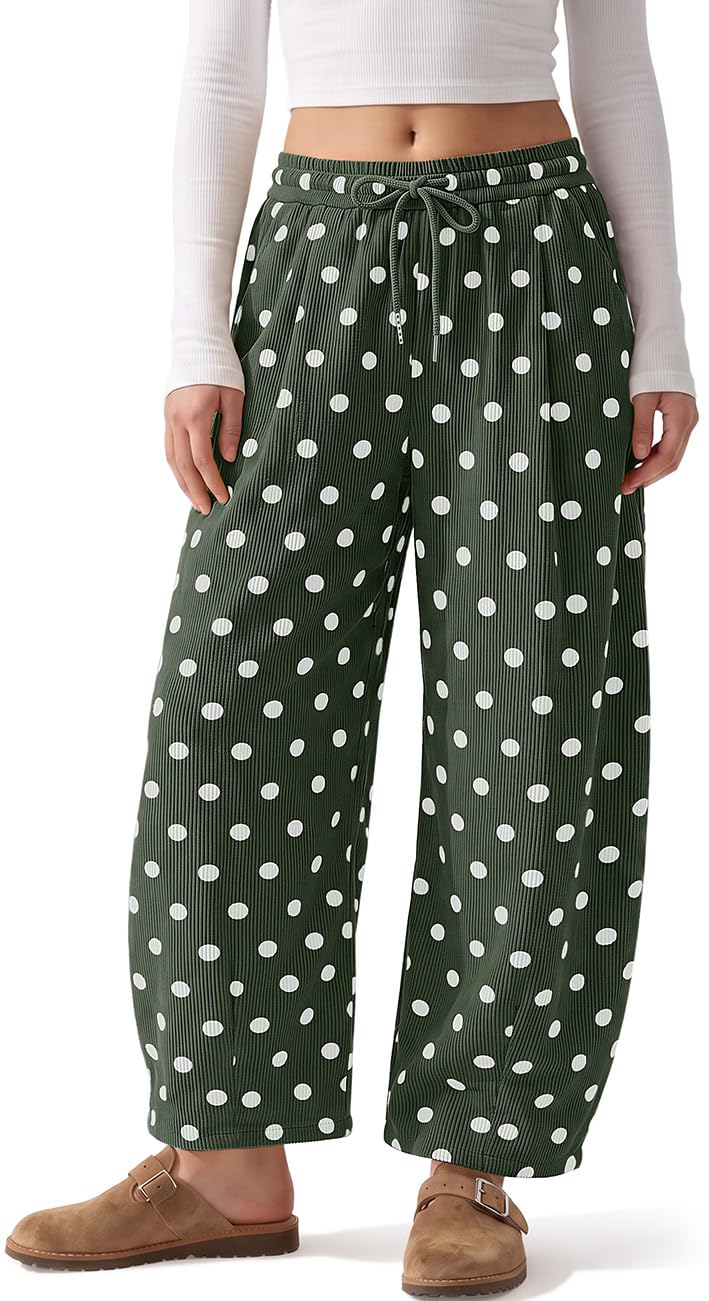 TARSE Women's Corduroy Barrel Pants Polka Dot Wide Leg Pants with Pockets
