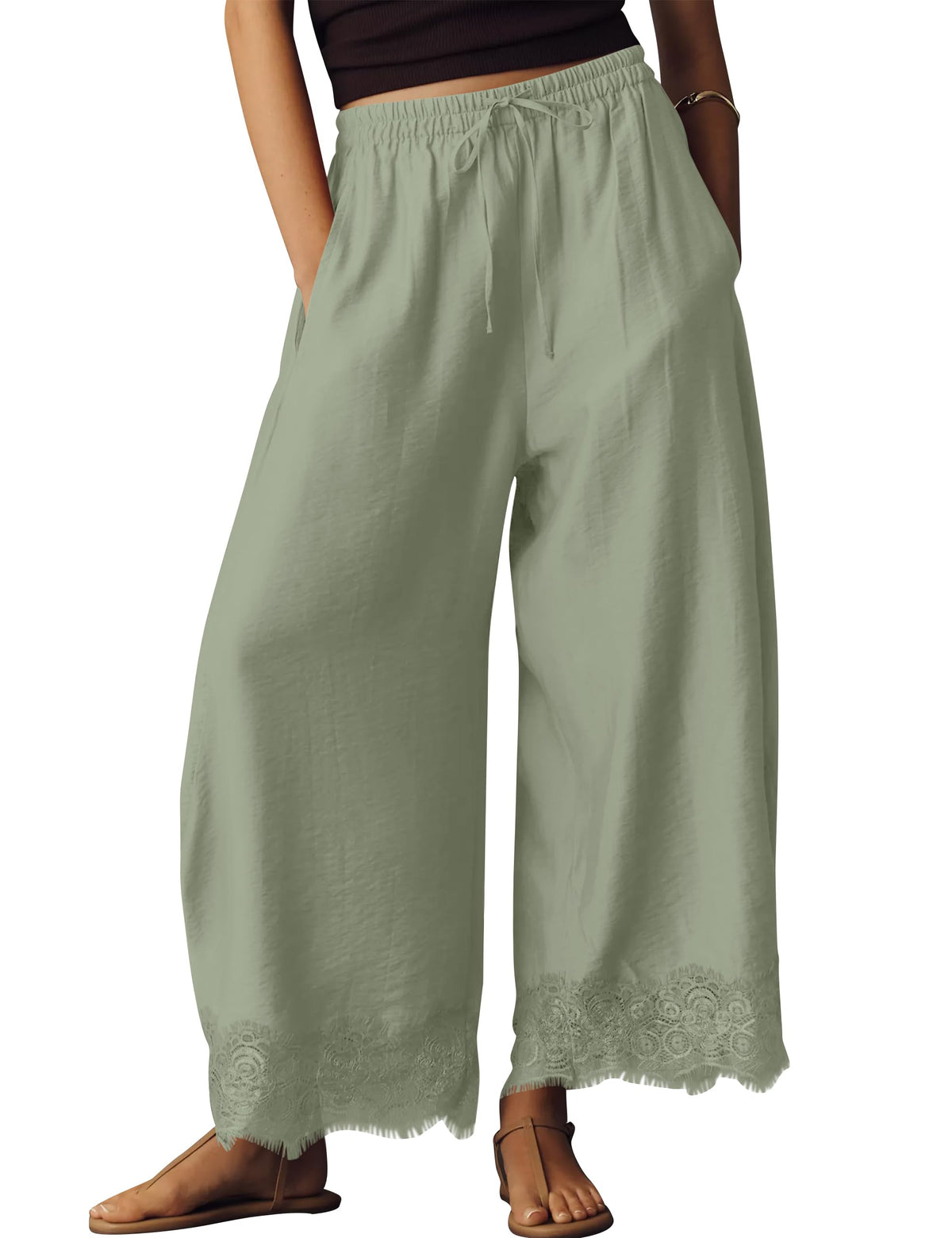 Anoumcy Lace Trim Wide Leg Pants for Women 2026 Spring Summer Cropped Lightweight Casual Pants