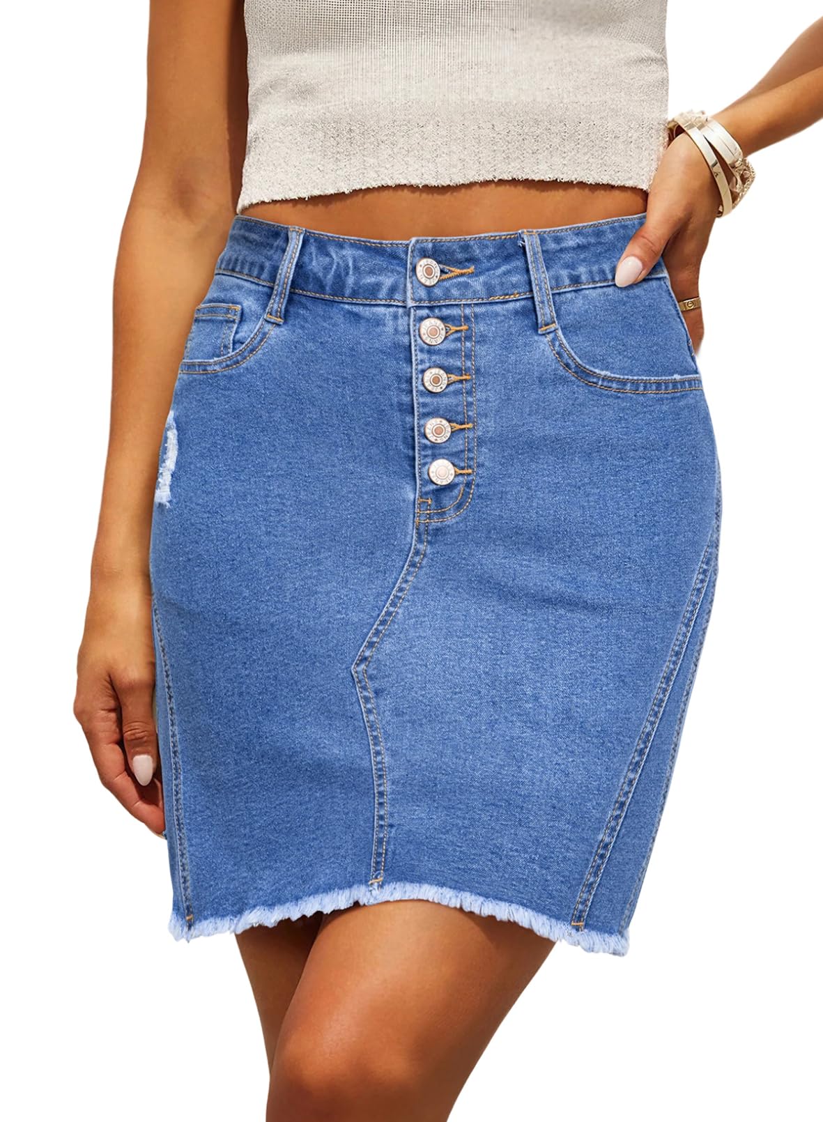 Sidefeel Women's Jean Skirt StretchyButton Fly Denim Skirt