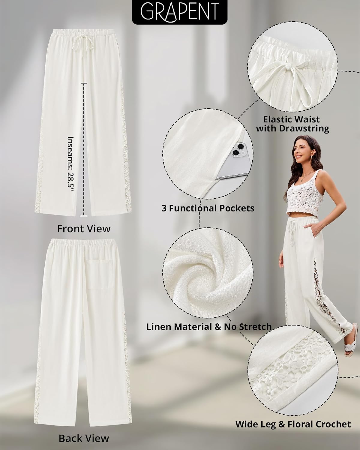 GRAPENT Linen Pants Women Wide Leg High Waisted Crochet Panel Pull On Elastic Waist Casual Summer Beach Vacation Pants
