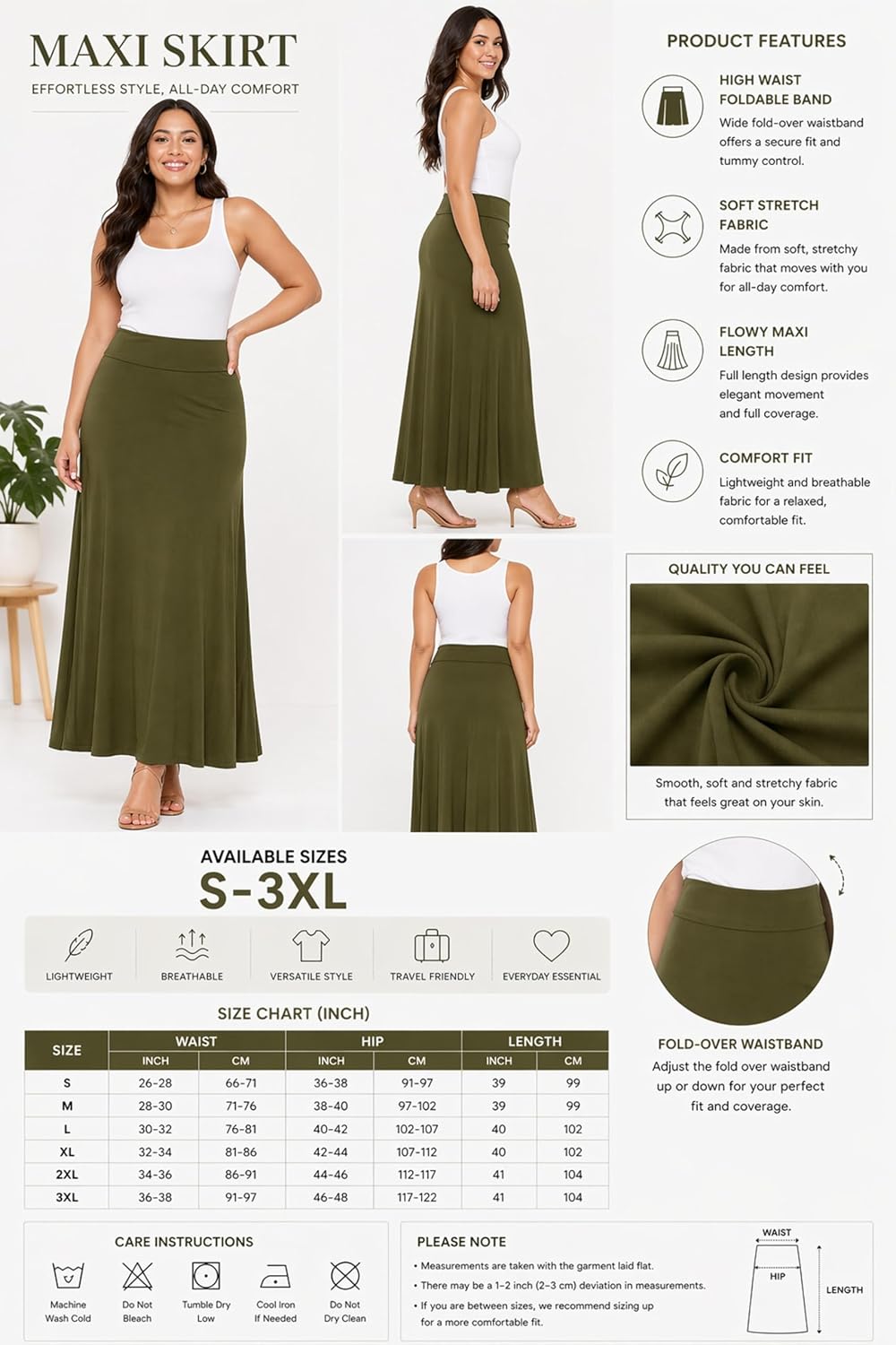 FashionJOA Women's Stretchy Flowy Maxi Skirt with Elastic Waistband for Comfort and Style