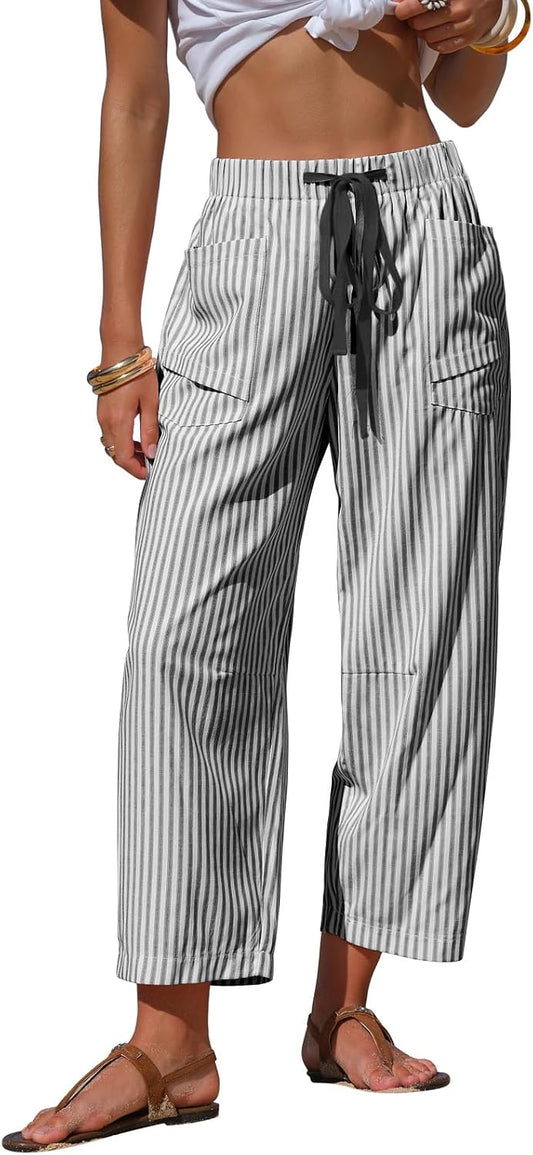 EXLURA Womens Faux Linen Striped Barrel Capri Pants Drawstring Trousers