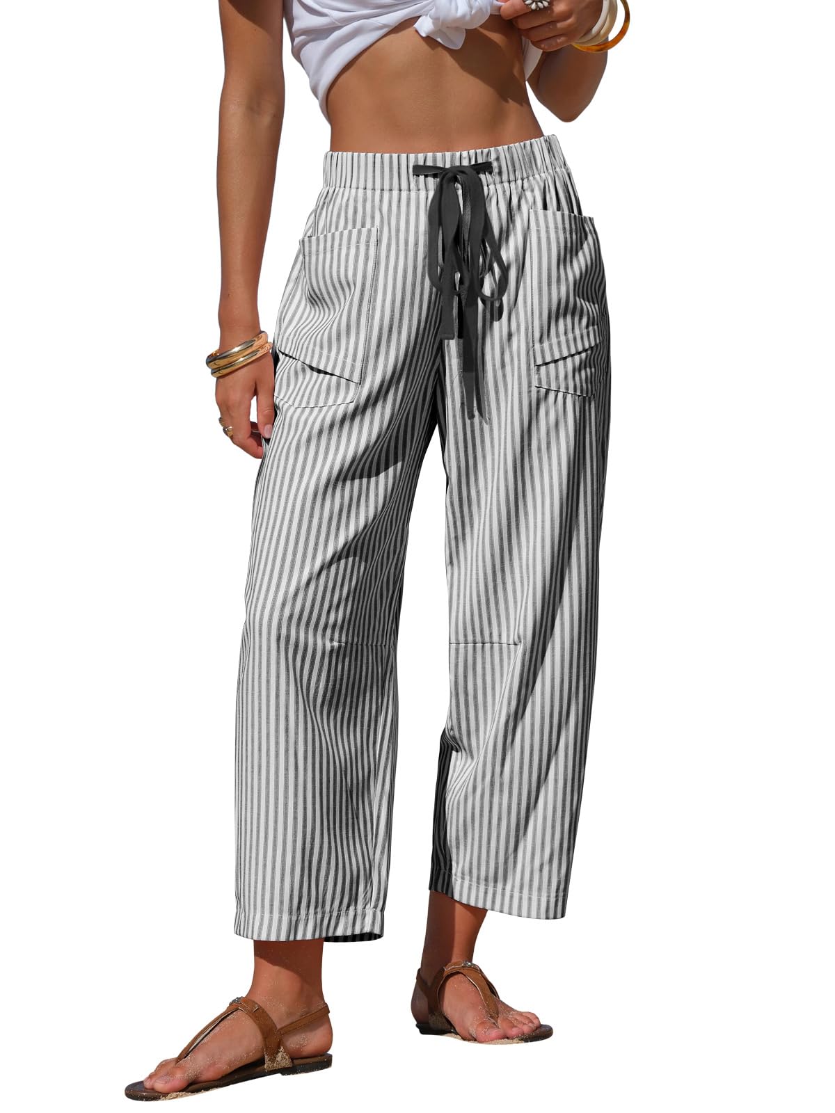 EXLURA Womens Faux Linen Striped Barrel Capri Pants Drawstring Trousers