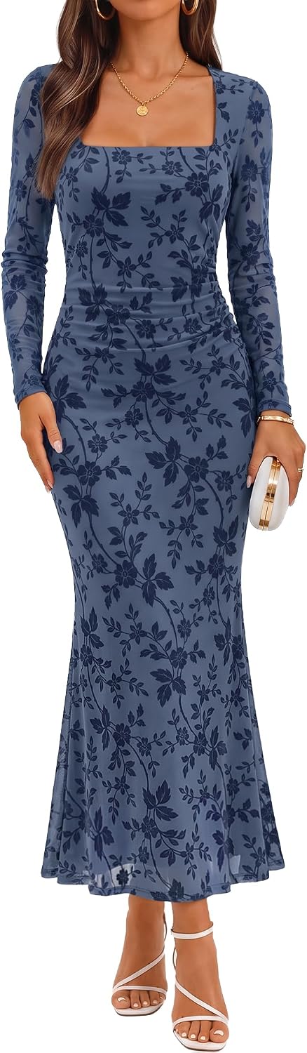 ZESICA Womens Fall Long Sleeve Bodycon Mesh Wedding Guest Formal Dress